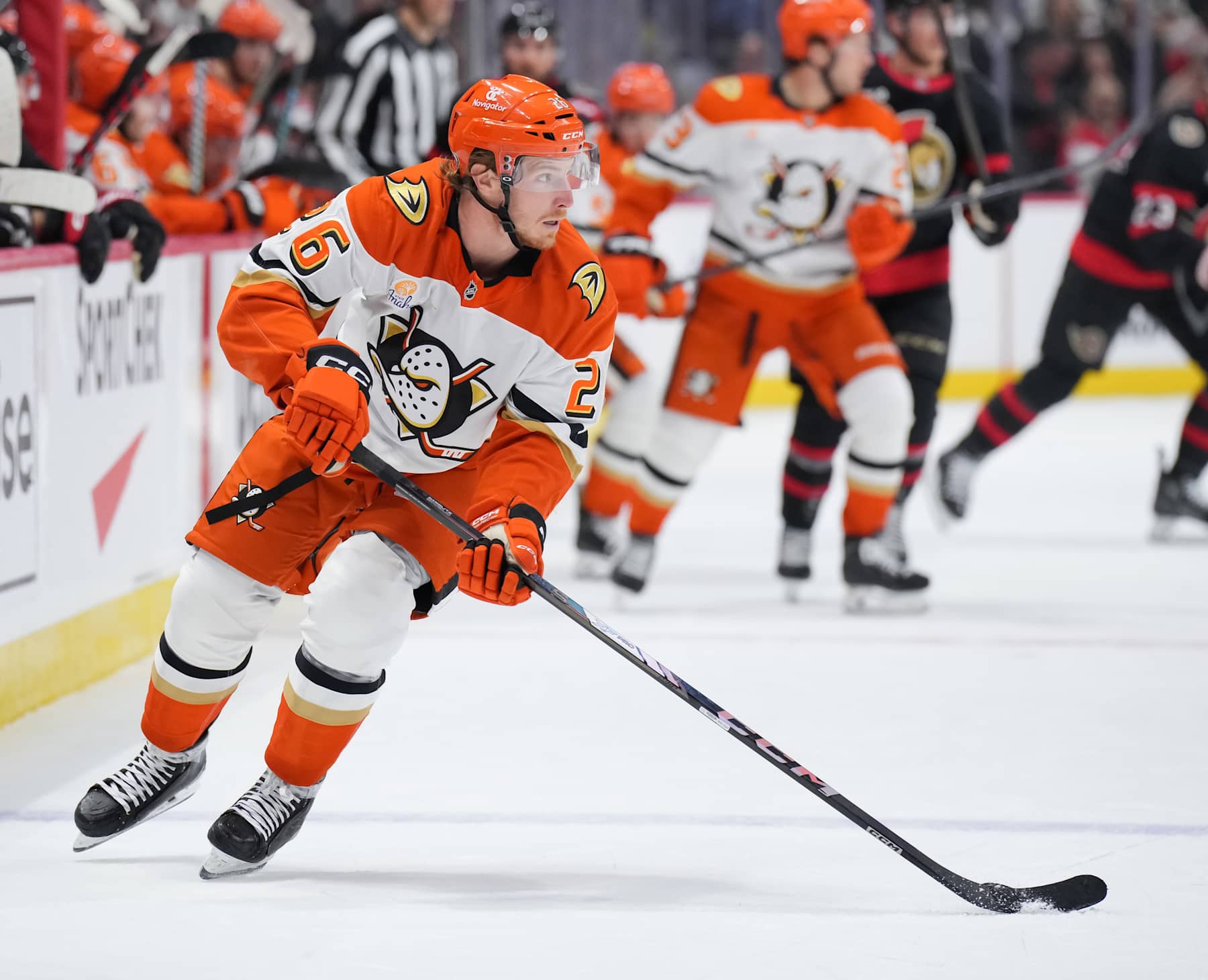 OTTAWA, CANADA - DECEMBER 11: Brock McGinn #26 of the Anaheim Ducks skates with the puck against the Ottawa Senators during the second period at Canadian Tire Centre on December 11, 2024 in Ottawa, Ontario, Canada. (Photo by Chris Tanouye/Freestyle Photography/Getty Images)