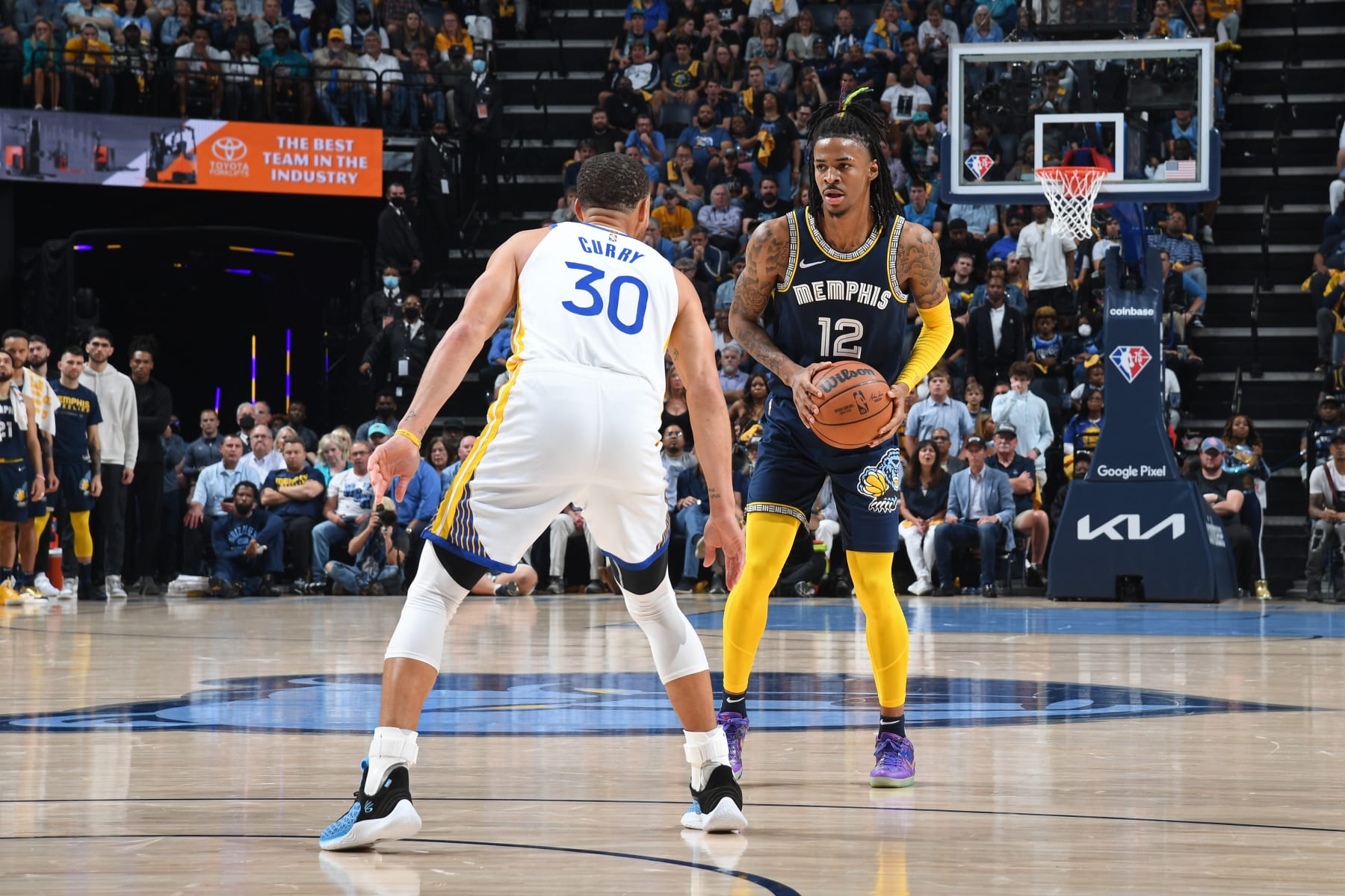 MEMPHIS, TN - MAY 3: Ja Morant #12 of the Memphis Grizzlies handles the ball during the game against the Golden State Warriors during Game 2 of the 2022 NBA Playoffs Western Conference Semifinals on May 3, 2022 at FedExForum in Memphis, Tennessee. NOTE TO USER: User expressly acknowledges and agrees that, by downloading and or using this photograph, user is consenting to the terms and conditions of Getty Images License Agreement. Mandatory Copyright Notice: Copyright 2022 NBAE (Photo by Noah Graham/NBAE via Getty Images)