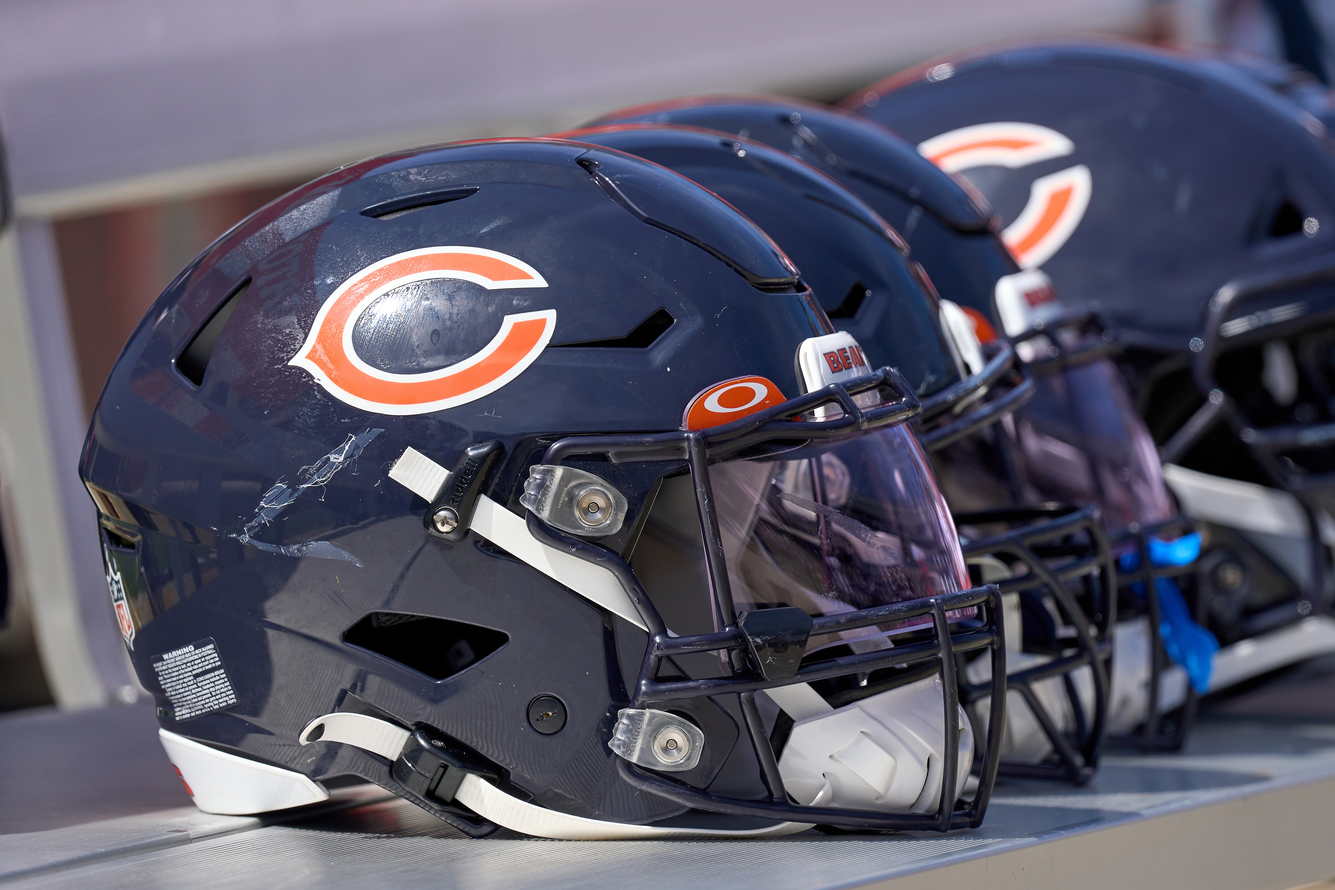 CHICAGO, IL - AUGUST 14: A detail view of a Chicago Bears helmet is seen on a bench during a preseason game between the Chicago Bears and the Miami Dolphins on August 14, 2021 at Soldier Field in Chicago, IL. (Photo by Robin Alam/Icon Sportswire via Getty Images)