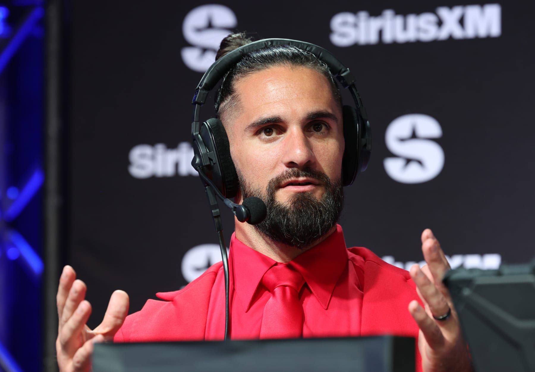 LAS VEGAS, NEVADA - FEBRUARY 07: Seth Rollins speaks on SiriusXM at Super Bowl LVIII  on February 07, 2024 in Las Vegas, Nevada. (Photo by Cindy Ord/Getty Images for SiriusXM)