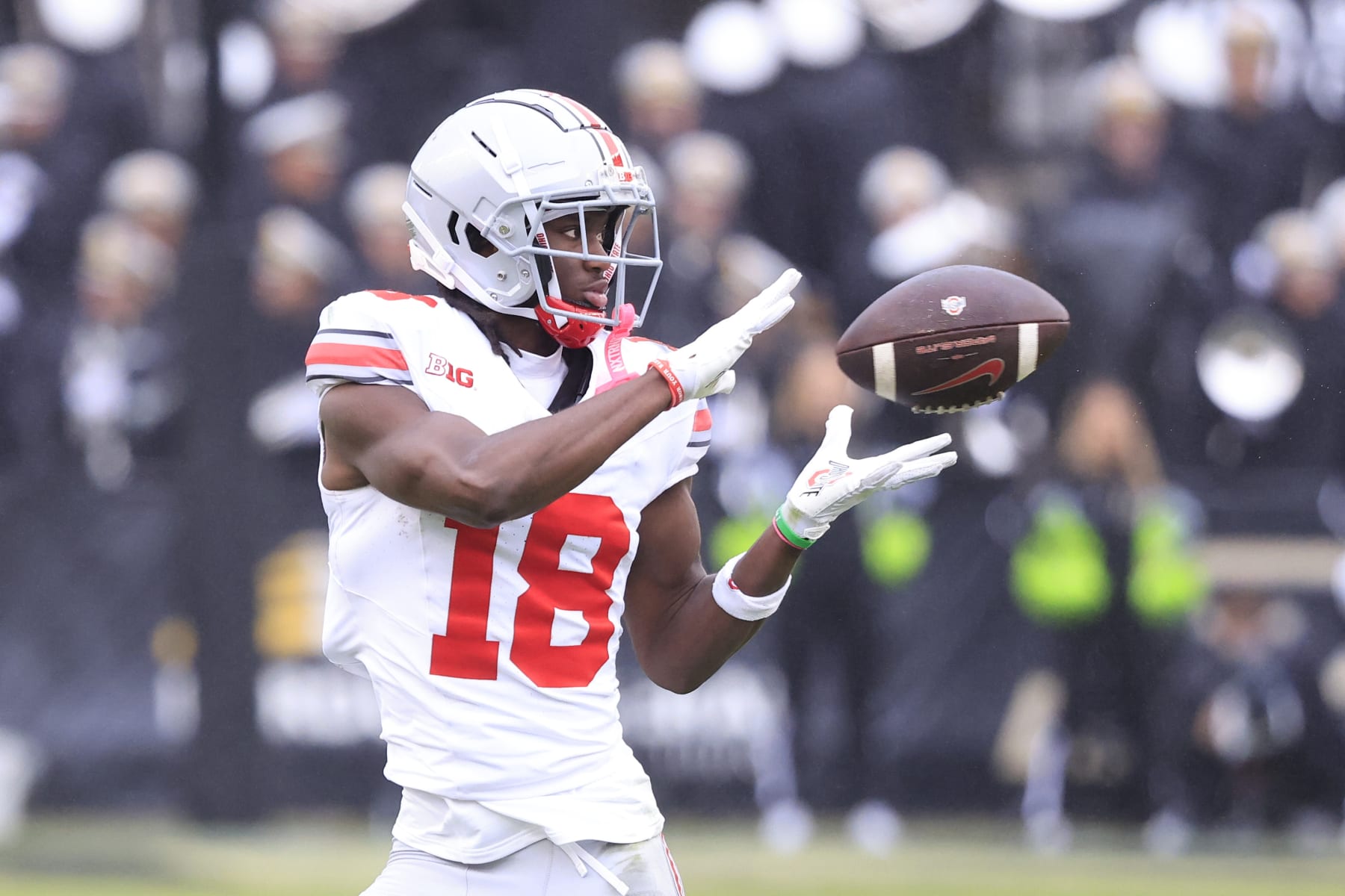 WEST LAFAYETTE, INDIANA - OCTOBER 14: Marvin Harrison Jr. #18 of the Ohio State Buckeyes makes a catch in the game against the Purdue Boilermakers at Ross-Ade Stadium on October 14, 2023 in West Lafayette, Indiana. (Photo by Justin Casterline/Getty Images)