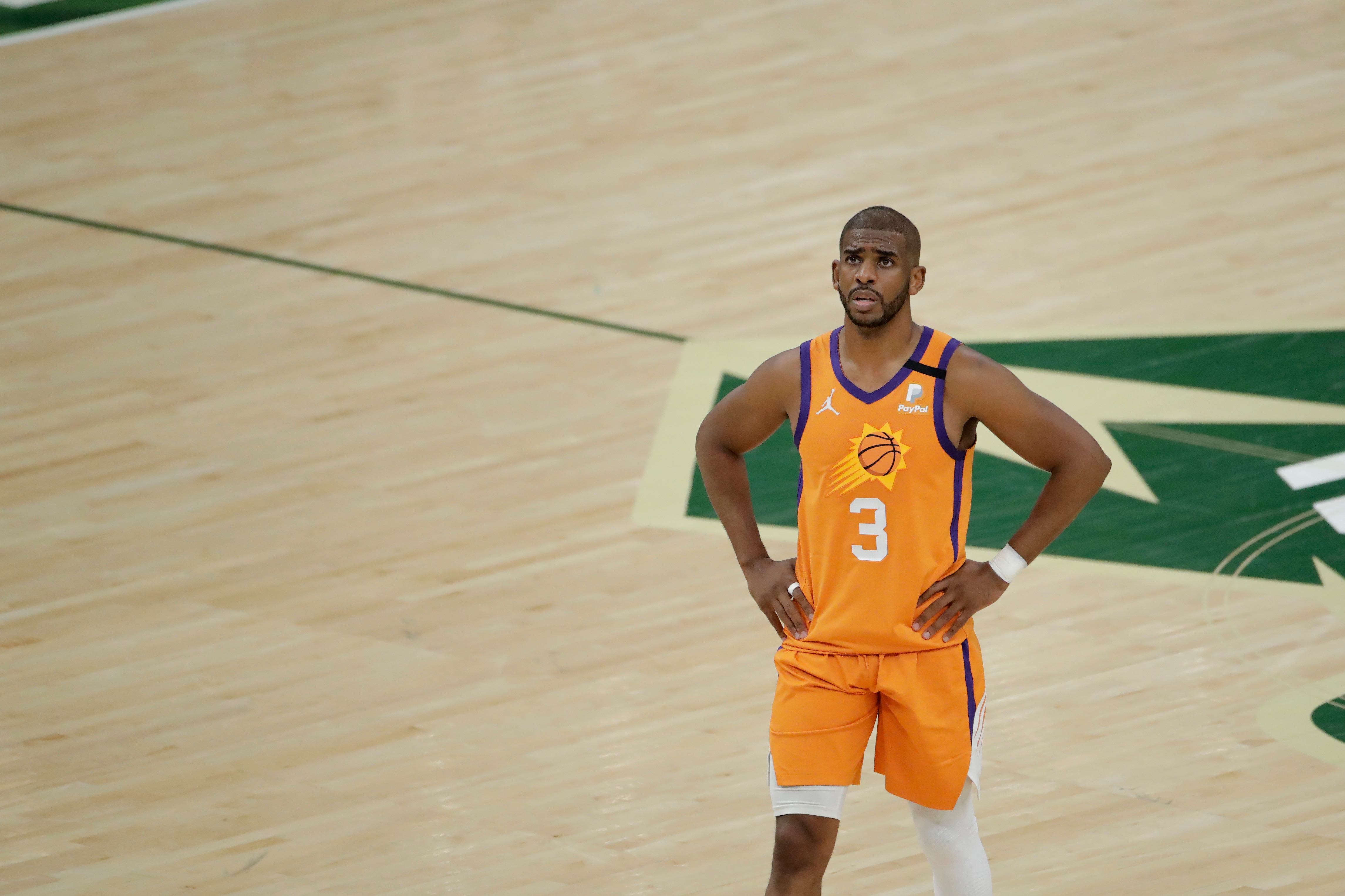Phoenix Suns' Chris Paul during the second half of Game 4 of basketball's NBA Finals against the Milwaukee Bucks Wednesday, July 14, 2021, in Milwaukee. (AP Photo/Aaron Gash)
