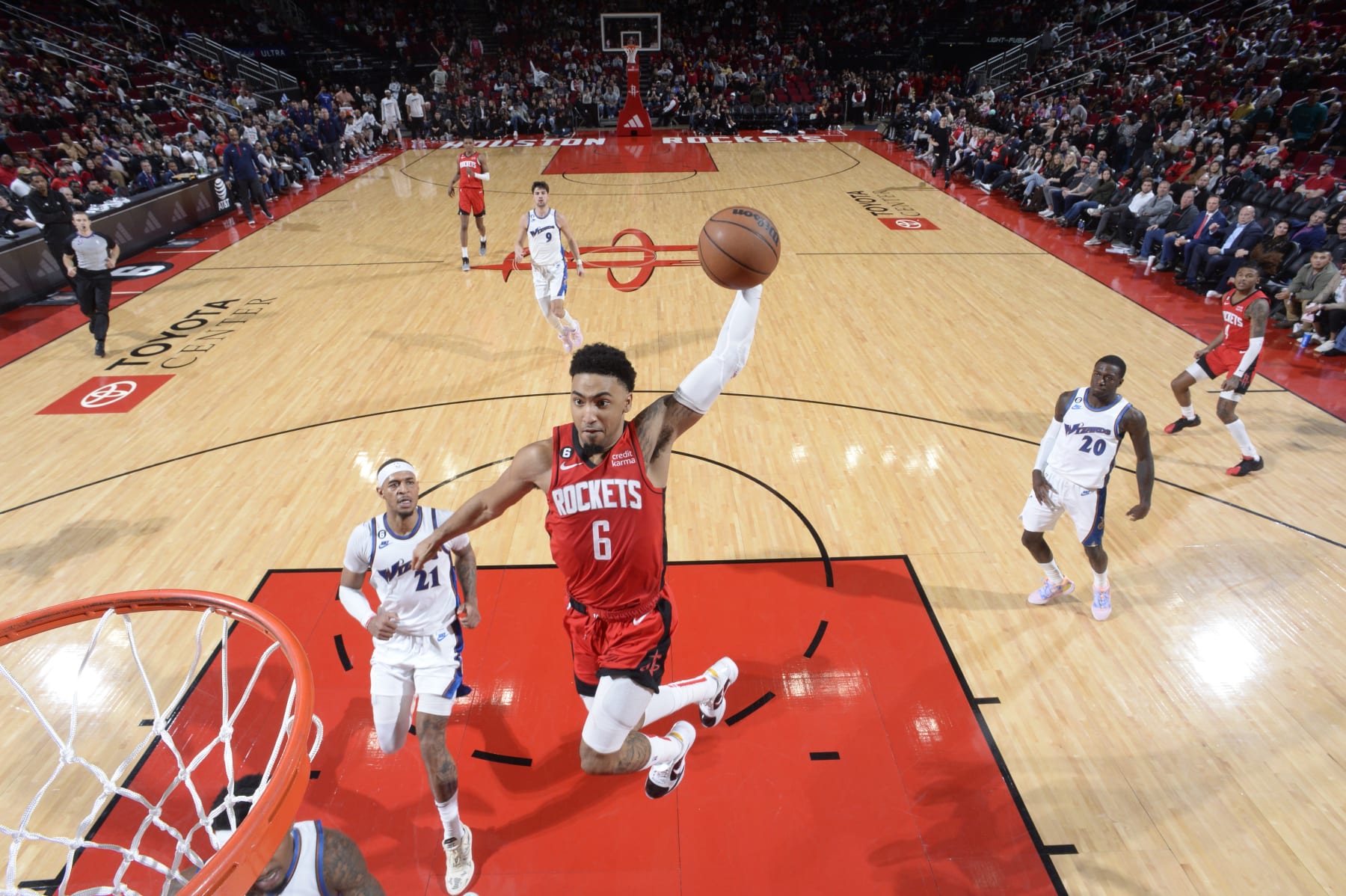 HOUSTON, TX - JANUARY 25: Kenyon Martin Jr. #6 of the Houston Rockets dunks the ball during the game against the Washington Wizards on January 25, 2022 at the Toyota Center in Houston, Texas. NOTE TO USER: User expressly acknowledges and agrees that, by downloading and or using this photograph, User is consenting to the terms and conditions of the Getty Images License Agreement. Mandatory Copyright Notice: Copyright 2023 NBAE (Photo by Logan Riely/NBAE via Getty Images)