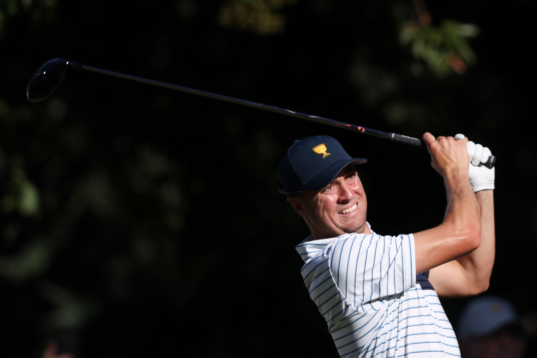 CHARLOTTE, NORTH CAROLINA - SEPTEMBER 23: Justin Thomas of the United States Team plays his shot from the 17th tee during Friday four-ball matches on day two of the 2022 Presidents Cup at Quail Hollow Country Club on September 23, 2022 in Charlotte, North Carolina. (Photo by Warren Little/Getty Images)