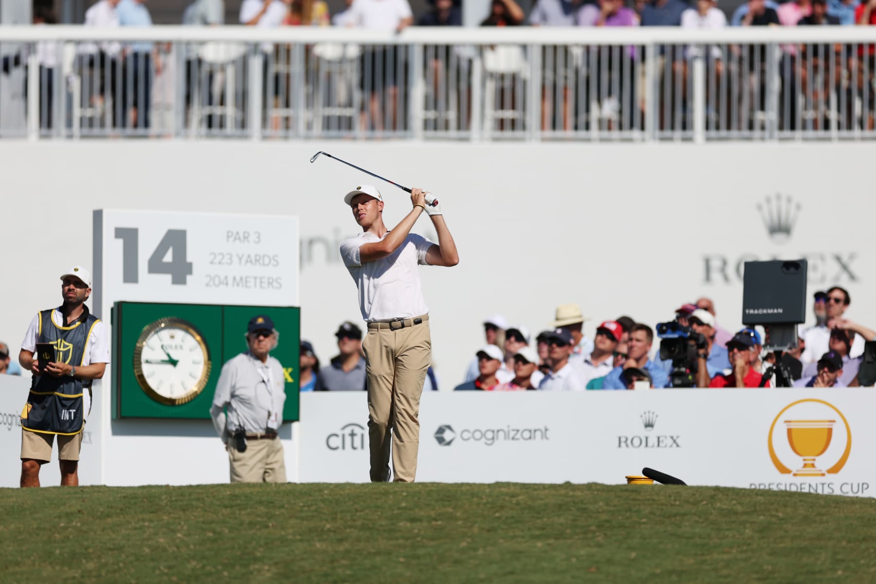 CHARLOTTE, NORTH CAROLINA - SEPTEMBER 24: Cam Davis of Australia and the International Team plays his shot from the 14th tee during Saturday morning foursomes on day three of the 2022 Presidents Cup at Quail Hollow Country Club on September 24, 2022 in Charlotte, North Carolina. (Photo by Rob Carr/Getty Images)
