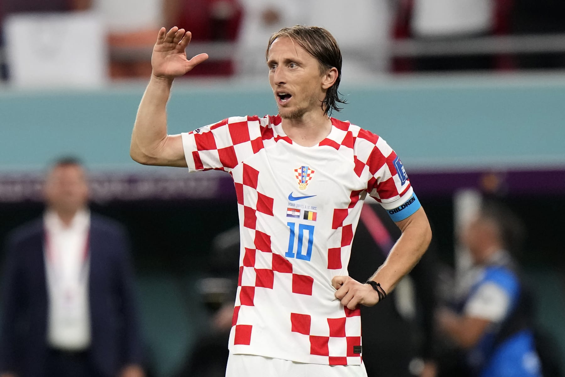 Croatia's Luka Modric reacts at the end of the World Cup group F soccer match between Croatia and Belgium at the Ahmad Bin Ali Stadium in Al Rayyan, Qatar, Thursday, Dec. 1, 2022. (AP Photo/Luca Bruno)