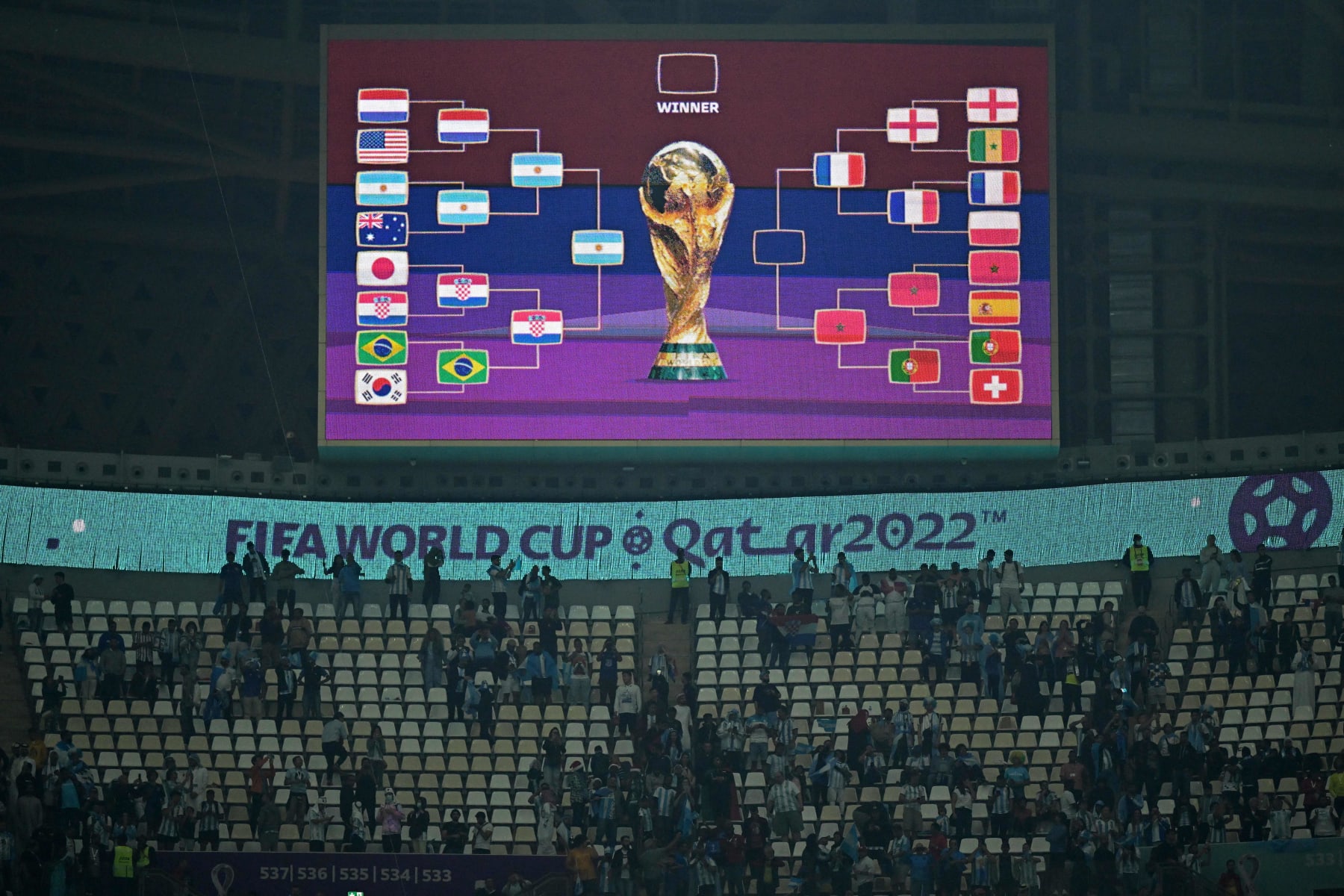The electronic screen shows the Argentine flag on the finalist's slot after the team defeated Croatia 3-0 in the Qatar 2022 World Cup football semi-final match between Argentina and Croatia at Lusail Stadium in Lusail, north of Doha on December 13, 2022. (Photo by JUAN MABROMATA / AFP) (Photo by JUAN MABROMATA/AFP via Getty Images)