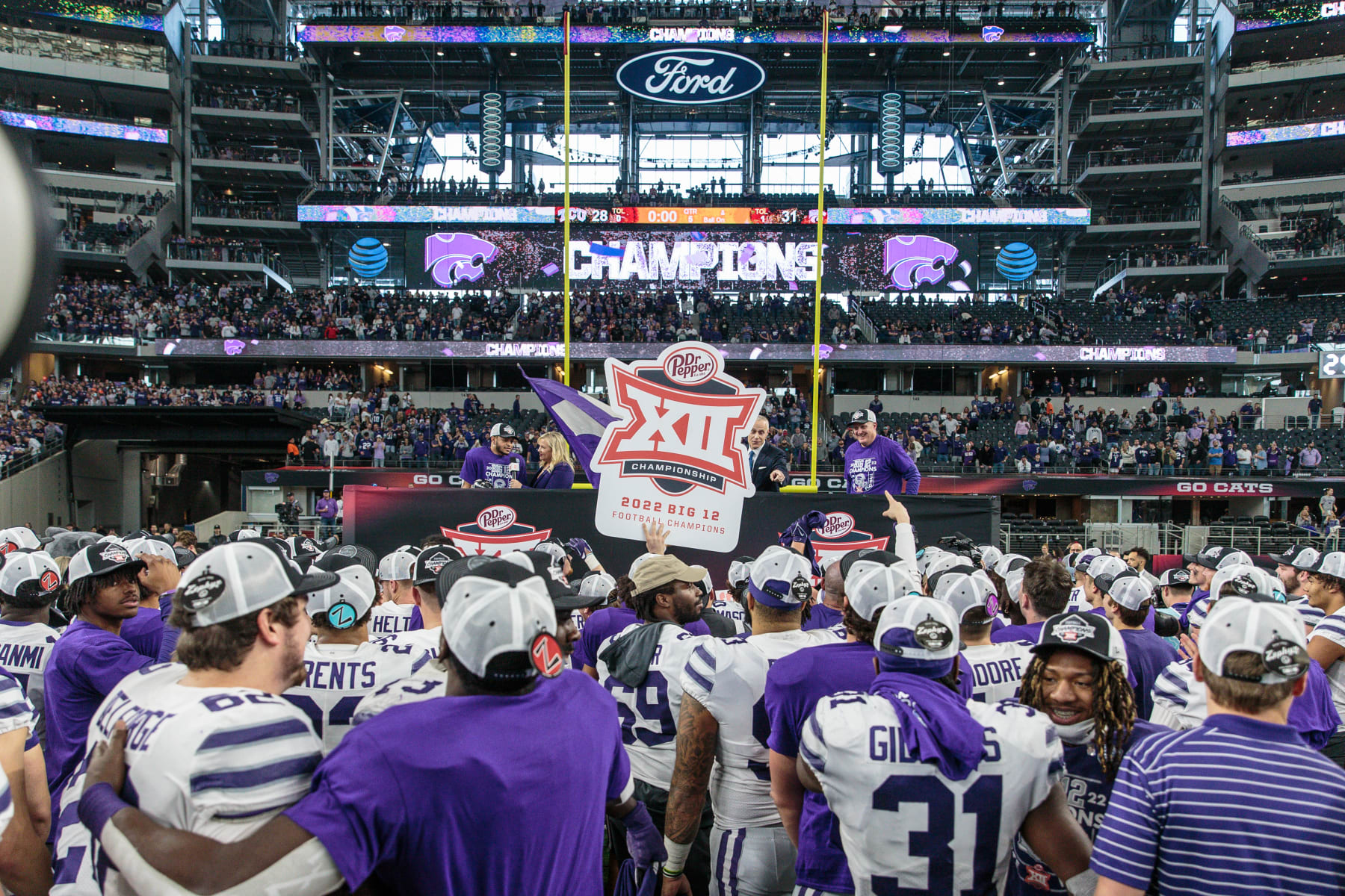 ARLINGTON, TX - DECEMBER 03: Kansas State Wildcats waits for the trophy after winning in overtime against the TCU Horned Frogs on December 3rd, 2022 at ATT Stadium in Arlington, Texas. (Photo by William Purnell/Icon Sportswire via Getty Images)