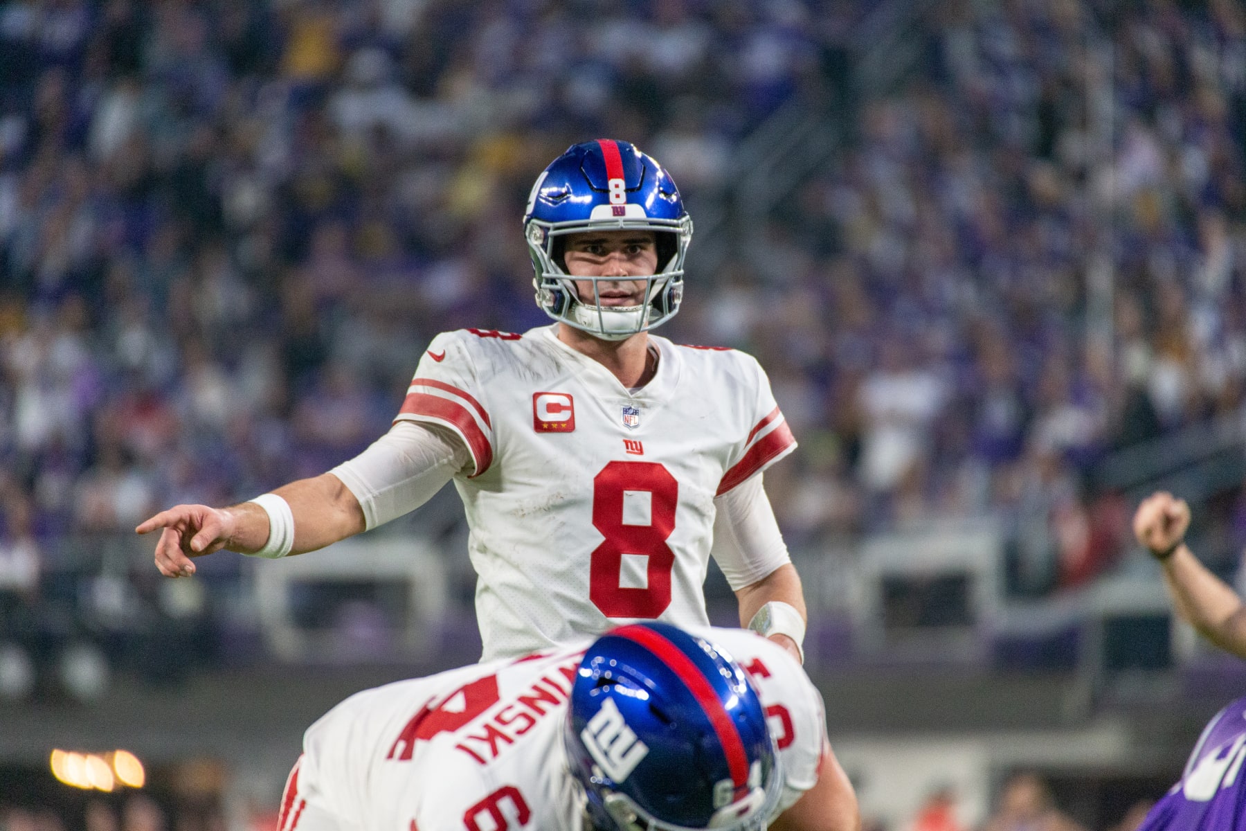 MINNEAPOLIS, MN - JANUARY 15: New York Giants quarterback Daniel Jones (8) looks on before a snap during the NFL game between the New York Giants and Minnesota Vikings on January 15th, 2023, at U.S. Bank Stadium in Minneapolis, MN. (Photo by Bailey Hillesheim/Icon Sportswire via Getty Images)