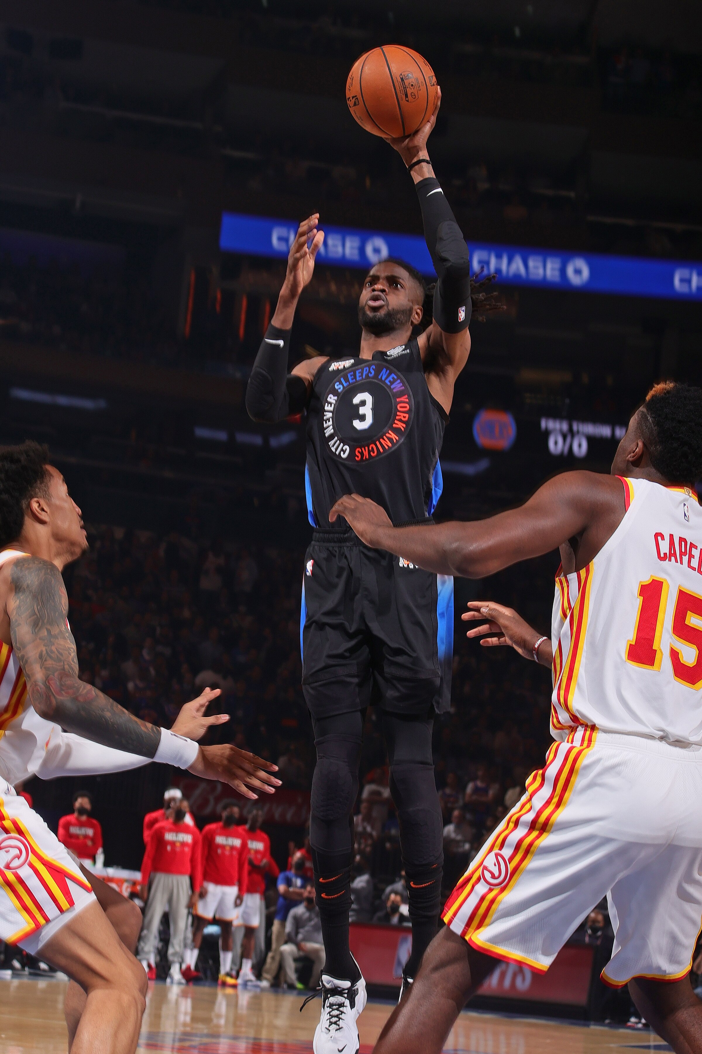 NEW YORK, NY - MAY 26: Nerlens Noel #3 of the New York Knicks shoots the ball during the game against the Atlanta Hawks during Round 1, Game 2 of the 2021 NBA Playoffs on May 26, 2021 at Madison Square Garden in New York City, New York.  NOTE TO USER: User expressly acknowledges and agrees that, by downloading and or using this photograph, User is consenting to the terms and conditions of the Getty Images License Agreement. Mandatory Copyright Notice: Copyright 2021 NBAE  (Photo by Nathaniel S. Butler/NBAE via Getty Images)