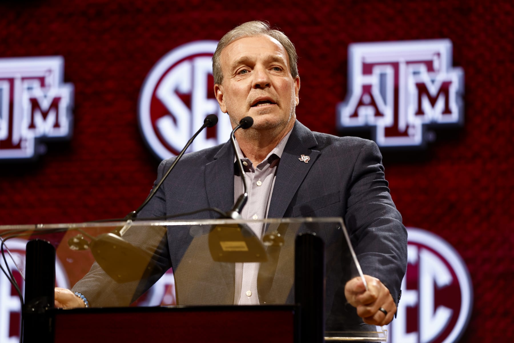 NASHVILLE, TENNESSEE - JULY 17: Head Coach Jimbo Fisher of the Texas A&M Aggies speaks during Day 1 of 2023 SEC Media Days at Grand Hyatt Nashville on July 17, 2023 in Nashville, Tennessee. (Photo by Johnnie Izquierdo/Getty Images)