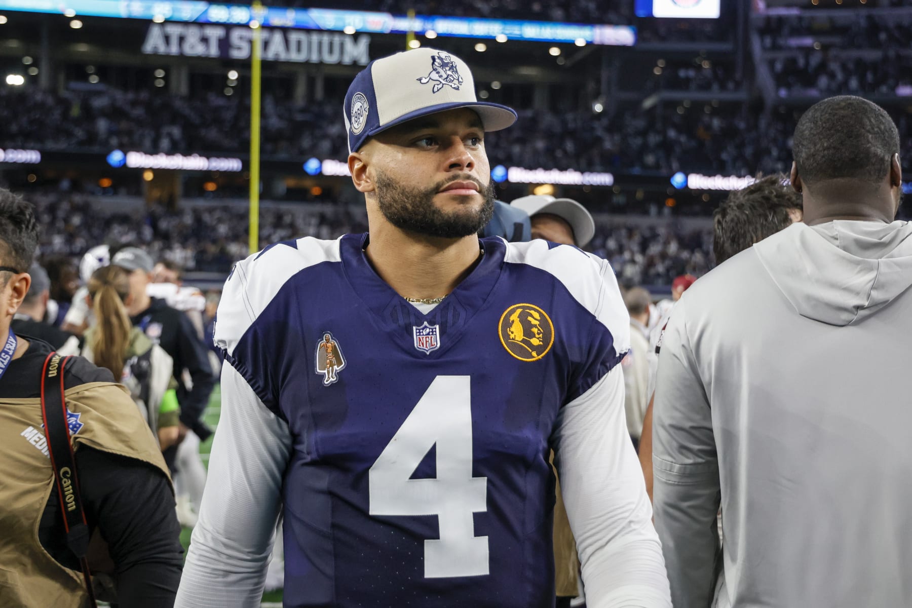 ARLINGTON, TX - NOVEMBER 23: Dallas Cowboys quarterback Dak Prescott (4) leaves the field after the game between the Dallas Cowboys and the Washington Commanders on November 23, 2023 at AT&T Stadium in Arlington, Texas. (Photo by Matthew Pearce/Icon Sportswire via Getty Images)