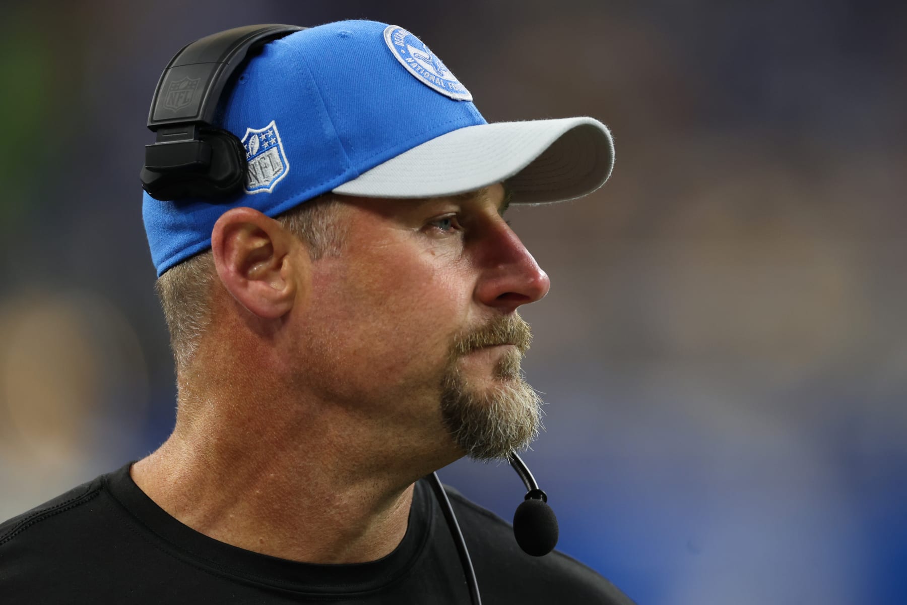 DETROIT, MICHIGAN - NOVEMBER 23: Head coach Dan Campbell of the Detroit Lions looks on during the second quarter of the game against the Green Bay Packers at Ford Field on November 23, 2023 in Detroit, Michigan. (Photo by Gregory Shamus/Getty Images)