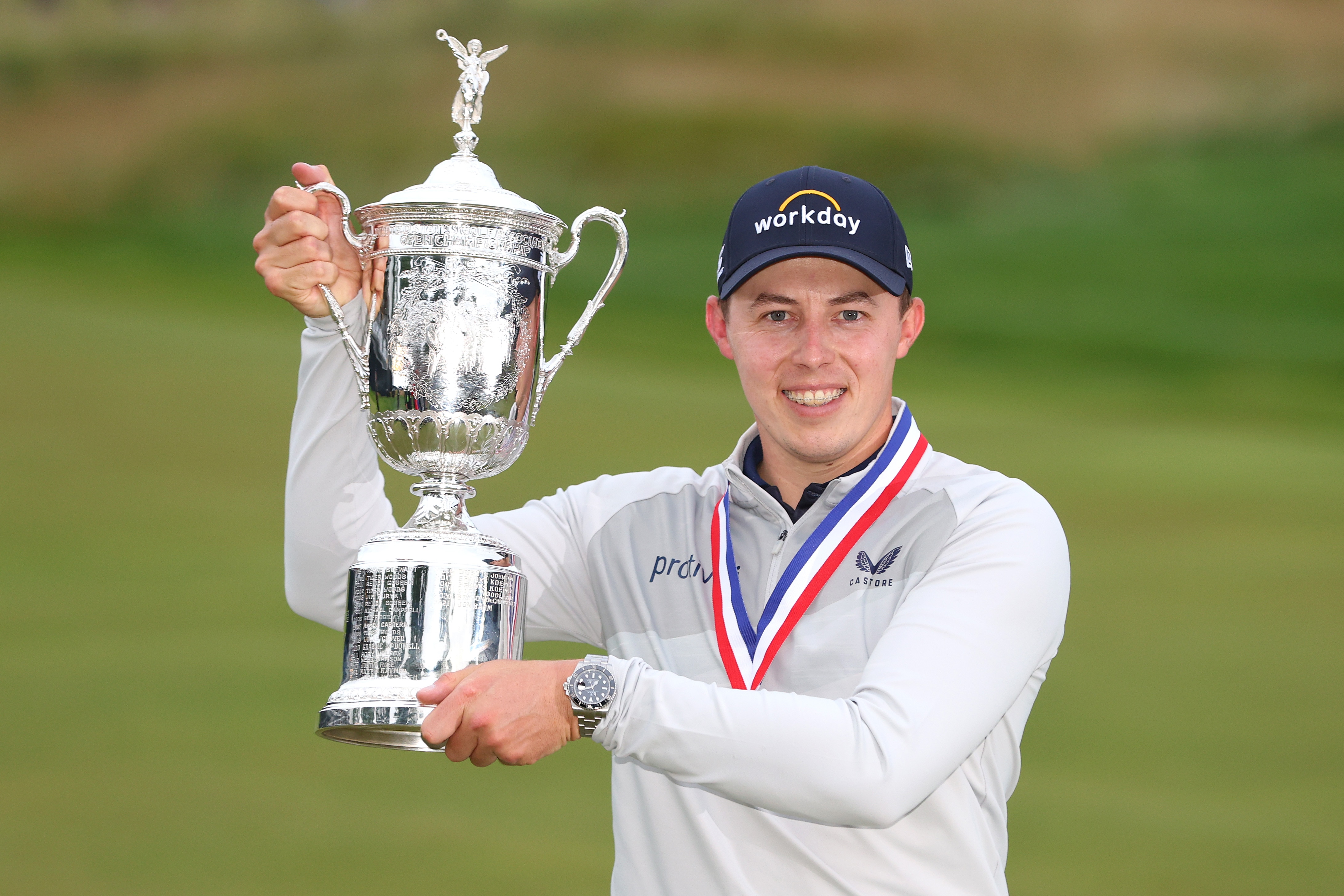 BROOKLINE, MASSACHUSETTS - JUNE 19: Matt Fitzpatrick of England celebrates with the U.S. Open Championship trophy after winning during the final round of the 122nd U.S. Open Championship at The Country Club on June 19, 2022 in Brookline, Massachusetts. (Photo by Andrew Redington/Getty Images)