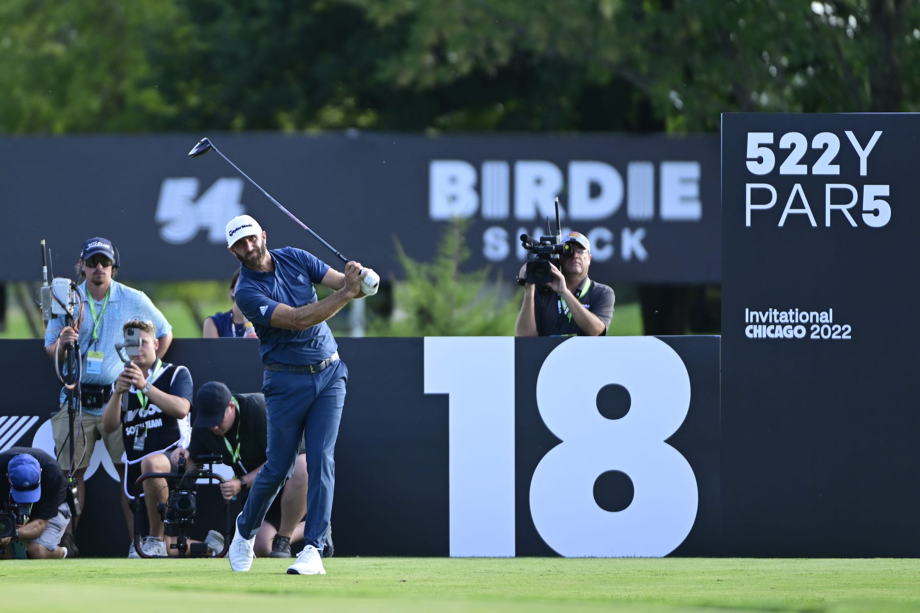 SUGAR GROVE, ILLINOIS - SEPTEMBER 18: Team Captain Dustin Johnson of 4 Aces GC plays his shot from the 18th tee during Day Three of the LIV Golf Invitational - Chicago at Rich Harvest Farms on September 18, 2022 in Sugar Grove, Illinois. (Photo by Charles Laberge/LIV Golf via Getty Images )