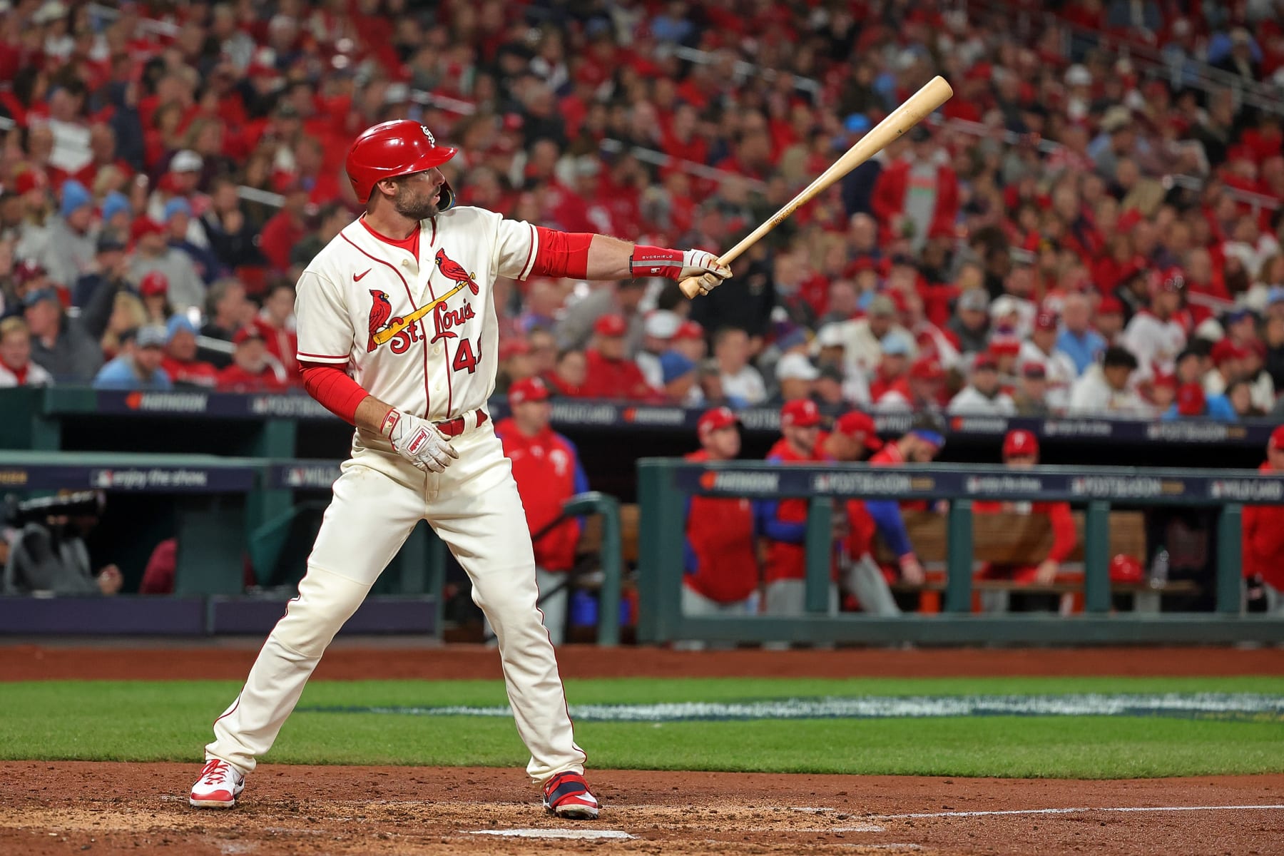 ST LOUIS, MISSOURI - OCTOBER 08: Paul Goldschmidt #46 of the St. Louis Cardinals at bat against the Philadelphia Phillies during game two of the National League Wild Card Series at Busch Stadium on October 08, 2022 in St Louis, Missouri. (Photo by Stacy Revere/Getty Images)