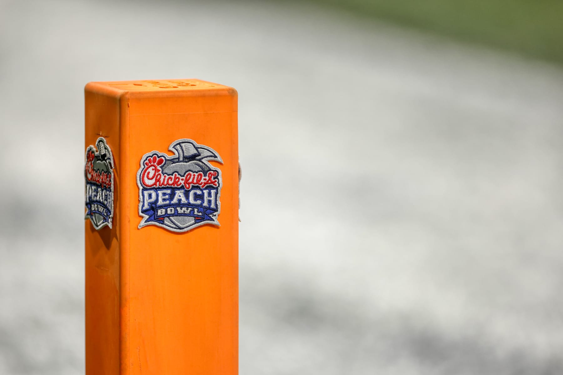 ATLANTA, GA - DECEMBER 30: General view of the Chick-fil-A Peach Bowl logo on an end zone pylon during the college football game between the Pittsburgh Panthers and Michigan State Spartans on Dec. 30, 2021 at Mercedes-Benz Stadium in Atlanta, Georgia. (Photo by Joe Robbins/Icon Sportswire via Getty Images)