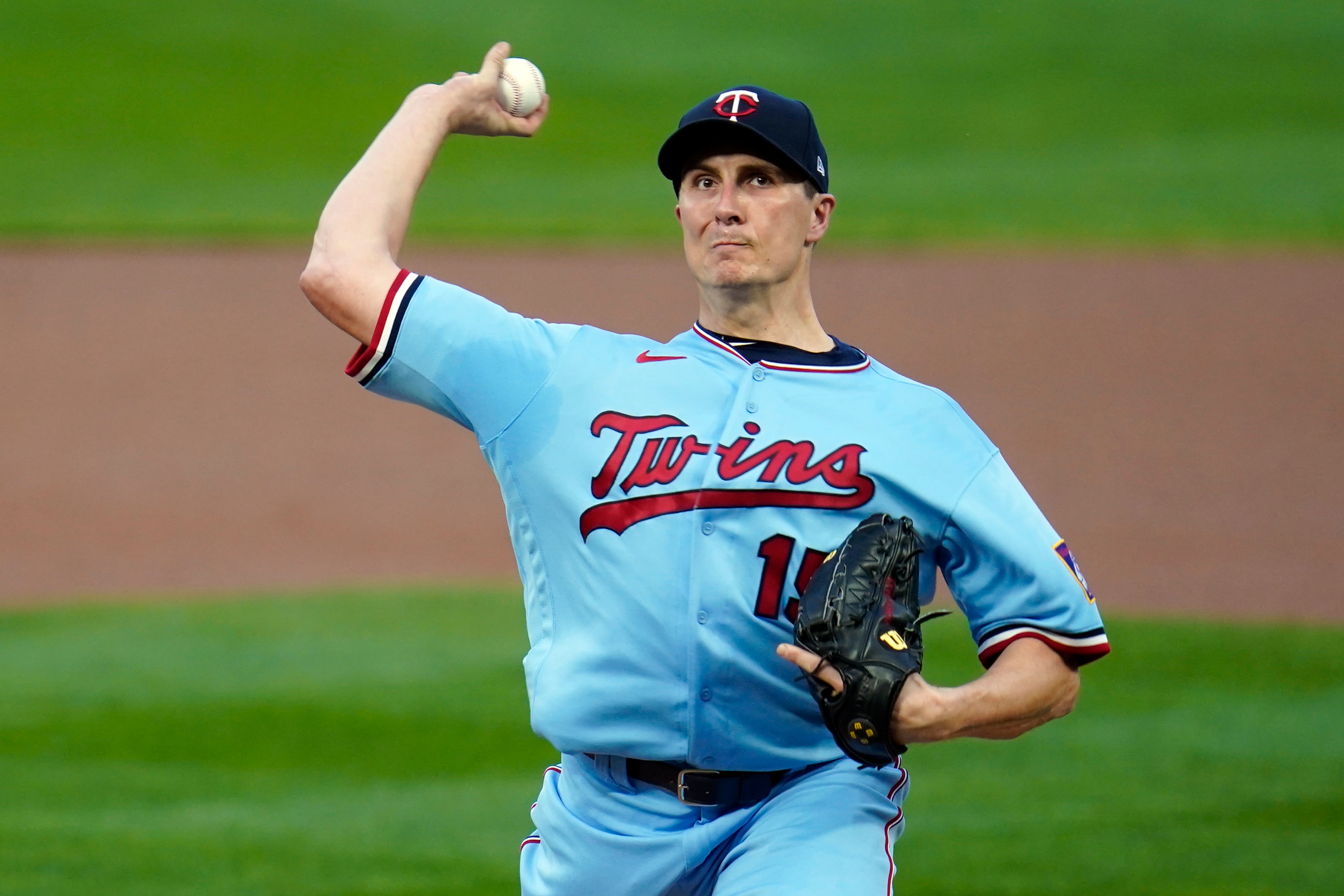 Minnesota Twins pitcher Homer Bailey throws against the Detroit Tigers in the first inning of a baseball game Tuesday, Sept. 22, 2020, in Minneapolis. (AP Photo/Jim Mone)