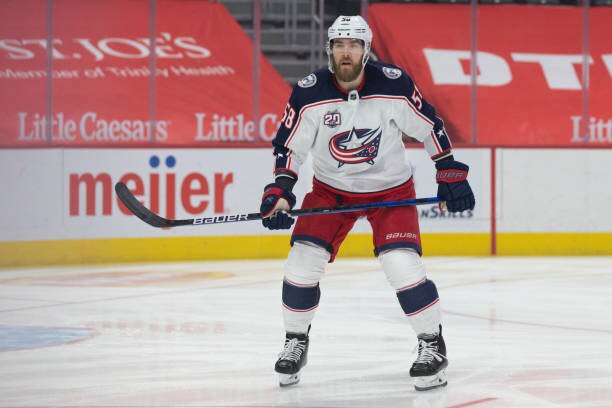 DETROIT, MI - MARCH 27:  Columbus Blue Jackets defenseman David Savard (58) looks on during a regular season NHL hockey game between the Columbus Blue Jackets and the Detroit Red Wings on March 27, 2021, at Little Caesars Arena in Detroit, Michigan. (Photo by Scott Grau/Icon Sportswire via Getty Images)