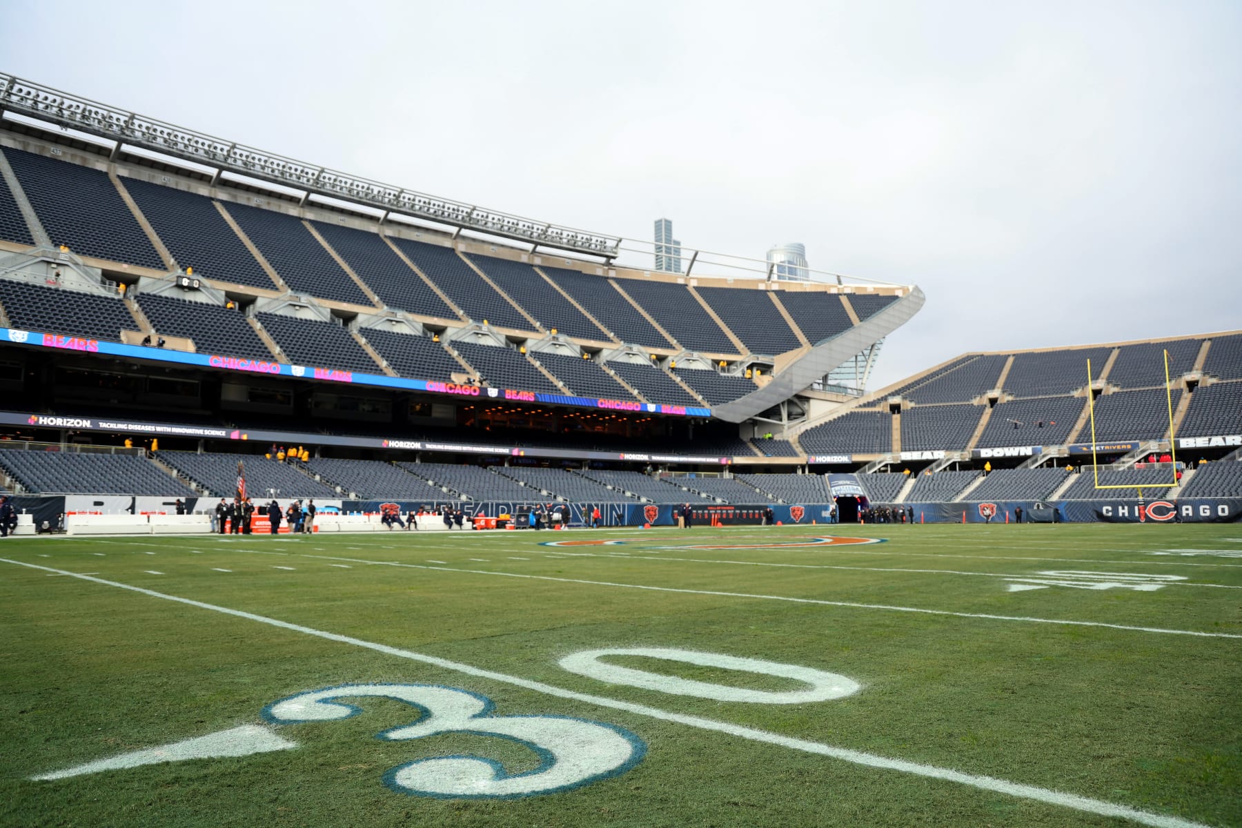 CHICAGO, ILLINOIS - JANUARY 08: A detailed view of the painted 30-yard line to honor Damar Hamlin of the Buffalo Bills prior to a game between the Minnesota Vikings and the Chicago Bears at Soldier Field on January 08, 2023 in Chicago, Illinois. (Photo by Michael Reaves/Getty Images)