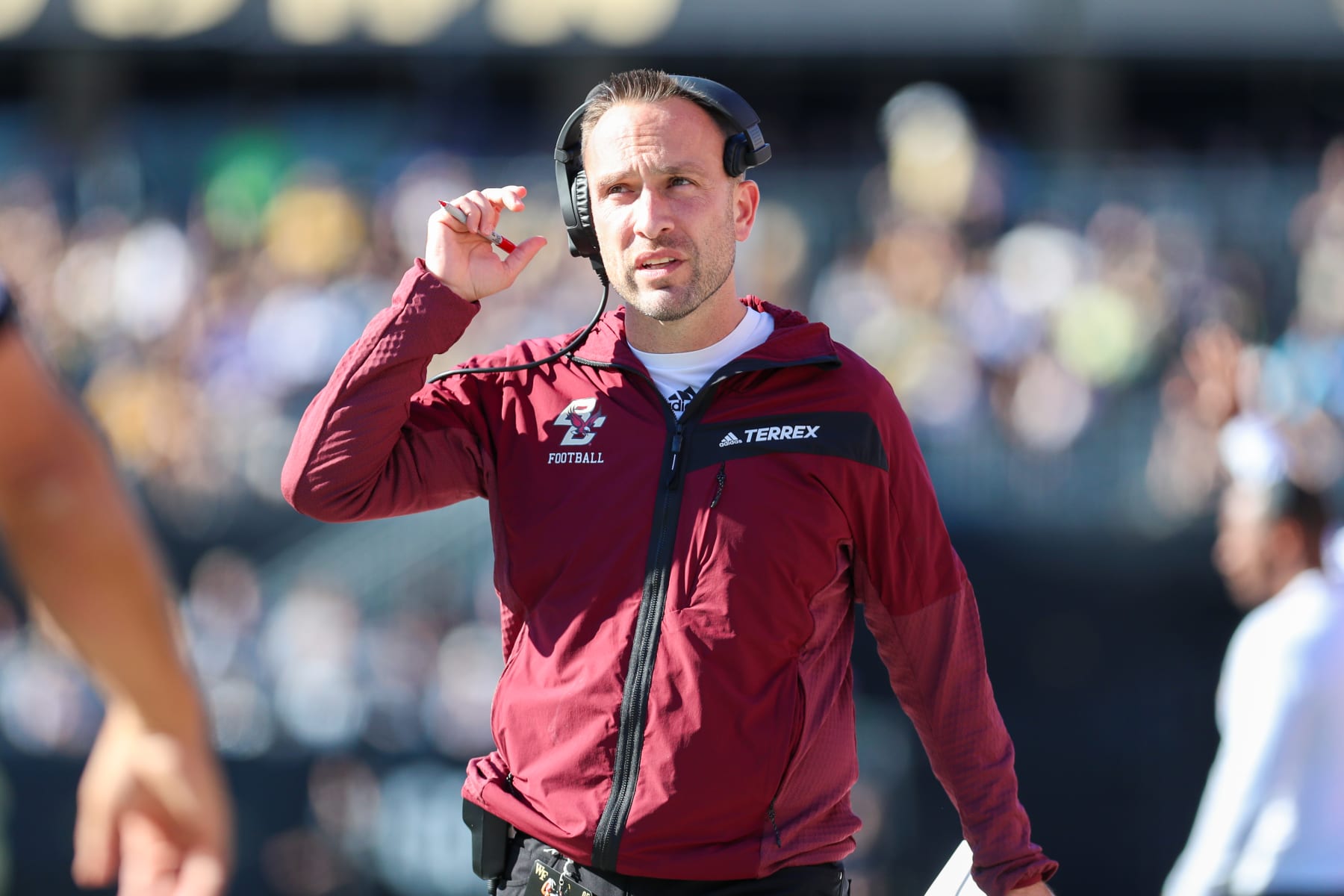 WINSTON-SALEM, NC - OCTOBER 22: Head Coach Jeff Hafley of the Boston College Eagles walks down the sideline during a football game between the Wake Forest Demon Deacons and the Boston College Eagles October 22, 2022, at Truist Field in Winston-Salem, NC. (Photo by David Jensen/Icon Sportswire via Getty Images)