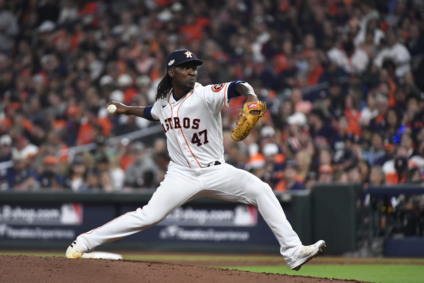 HOUSTON, TX - OCTOBER 19: Rafael Montero #47 of the Houston Astros pitches in the eighth inning during Game 1 of the ALCS between the New York Yankees and the Houston Astros at Minute Maid Park on Wednesday, October 19, 2022 in Houston, Texas. (Photo by Logan Riely/MLB Photos via Getty Images)
