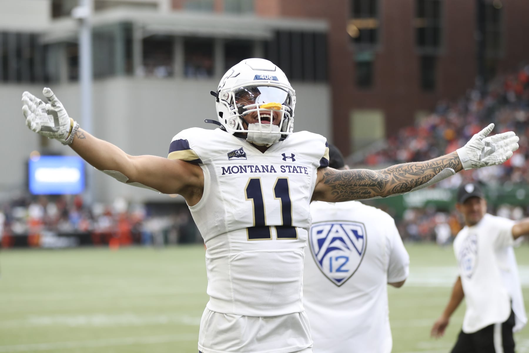 PORTLAND, OREGON - SEPTEMBER 17: Willie Patterson #11 of the Montana State Bobcats celebrates during a game against Oregon State at Providence Park on September 17, 2022 in Portland, Oregon. (Photo by Amanda Loman/Getty Images)