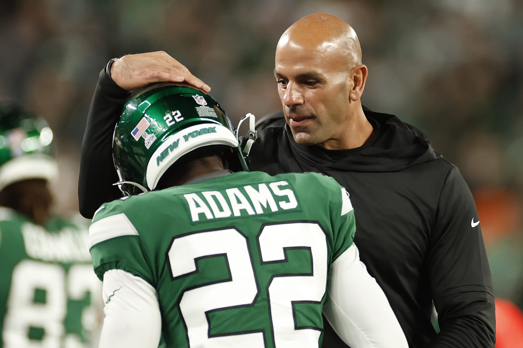 EAST RUTHERFORD, NEW JERSEY - OCTOBER 15: Head coach Robert Saleh of the New York Jets celebrates with Tony Adams #22 during the fourth quarter in the game against the Philadelphia Eagles at MetLife Stadium on October 15, 2023 in East Rutherford, New Jersey. (Photo by Sarah Stier/Getty Images)