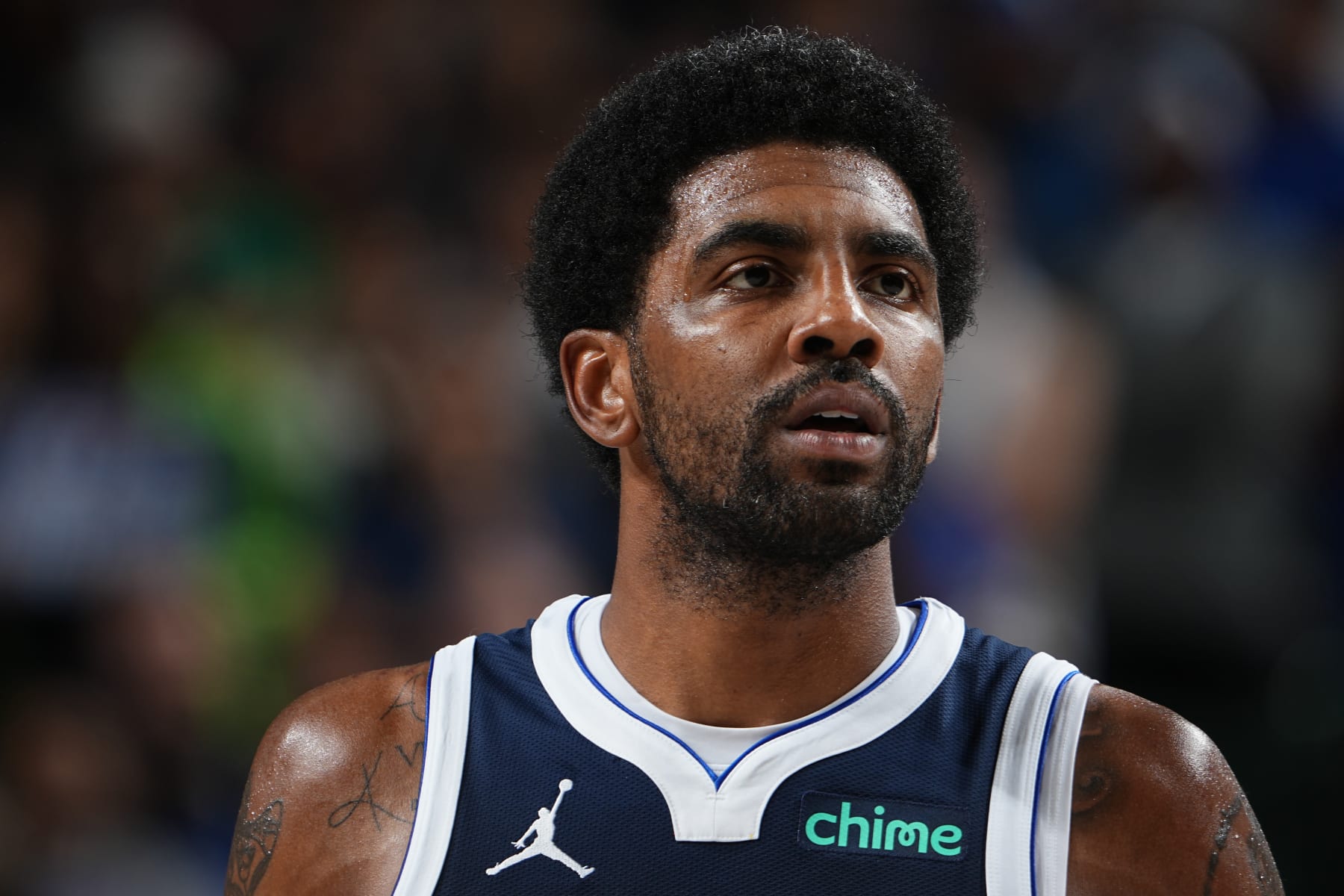 DALLAS, TX - OCTOBER 27: Kyrie Irving #11 of the Dallas Mavericks looks on during the game against the Brooklyn Nets on October 27, 2023 at the American Airlines Center in Dallas, Texas. NOTE TO USER: User expressly acknowledges and agrees that, by downloading and or using this photograph, User is consenting to the terms and conditions of the Getty Images License Agreement. Mandatory Copyright Notice: Copyright 2023 NBAE (Photo by Glenn James/NBAE via Getty Images)
