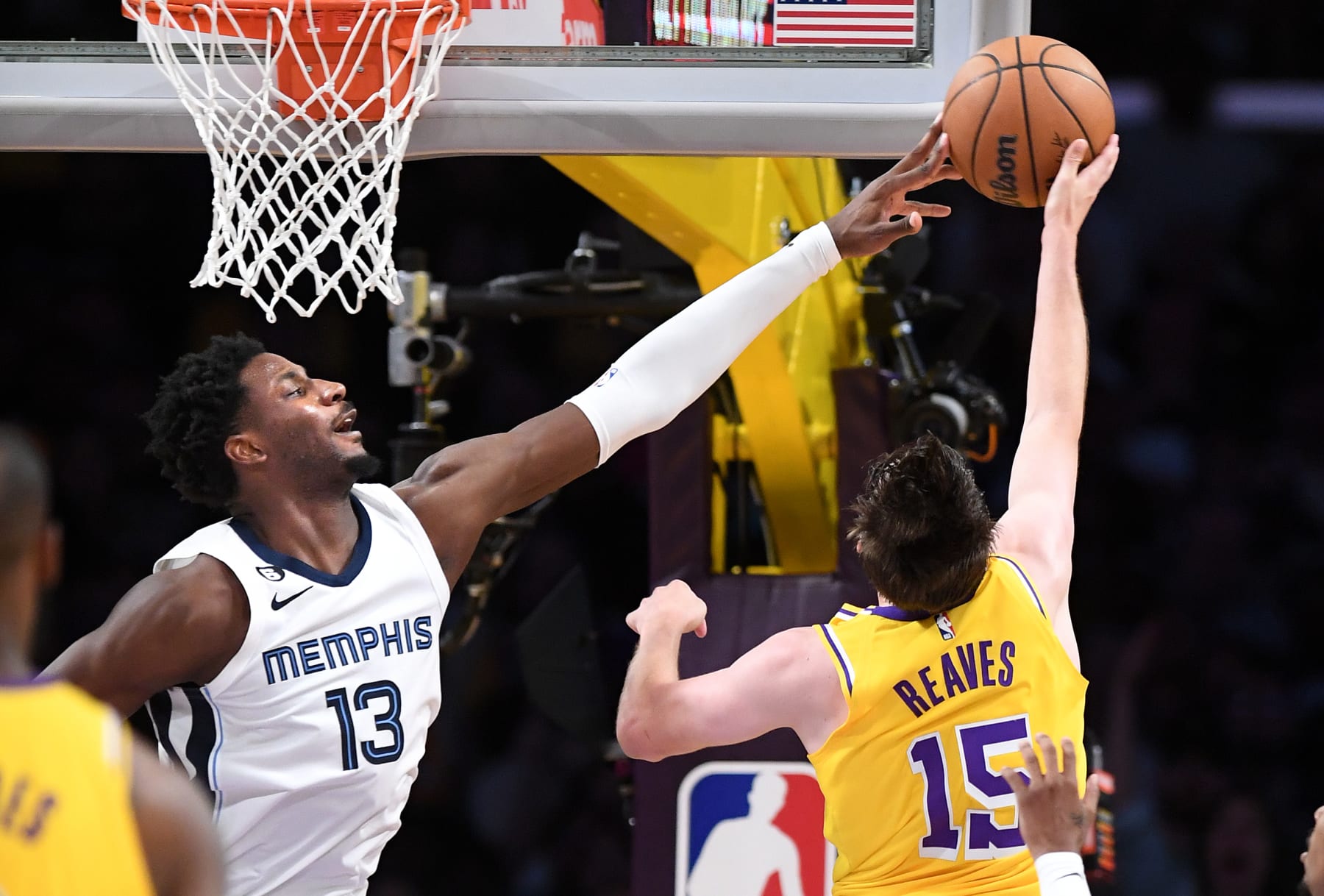 Los Angeles, California  April 24, 2023-Lakers Austin Reeves has is shot blocked by Grizzlies Jaren Jackson Jr. in the second quarter in Game 4 of the NBA playoffs at Crypto.com arena Monday. (Wally Skalij/Los Angeles Times via Getty Images)