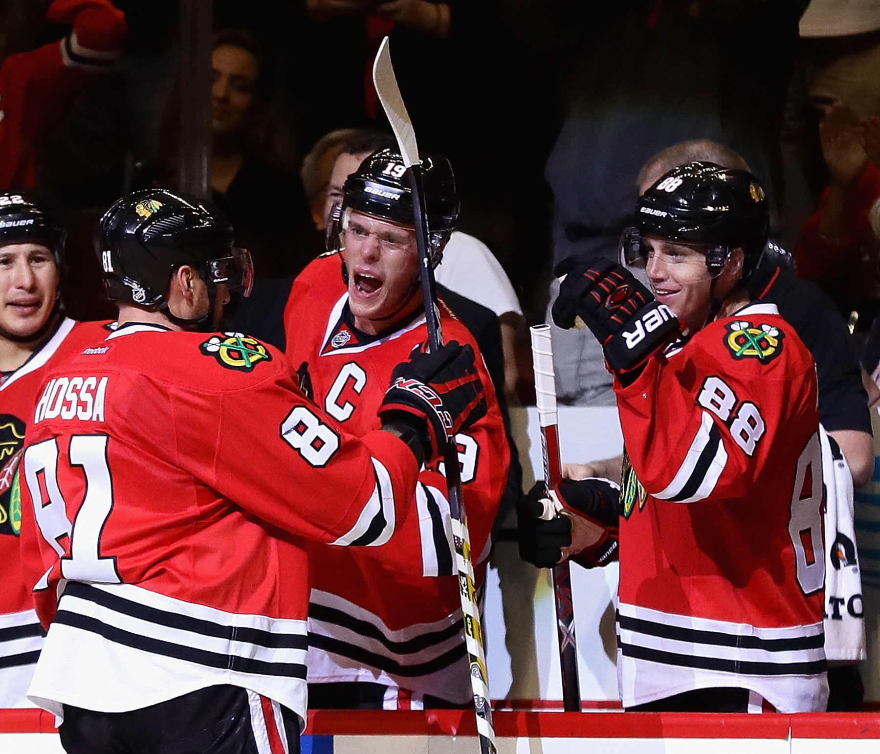 Former Chicago Blackhawks forwards Marian Hossa (left), Jonathan Toews and Patrick Kane.