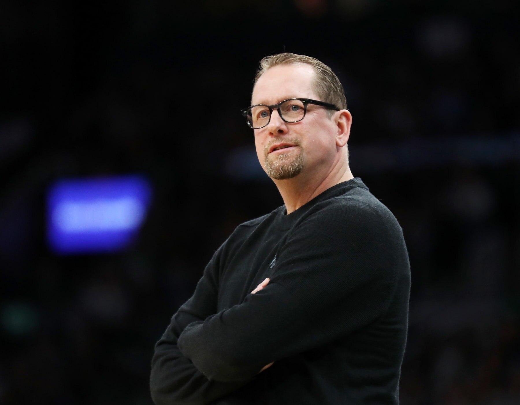 BOSTON, MASSACHUSETTS - APRIL 07: Head coach Nick Nurse of the Toronto Raptors looks on during the first quarter of the game between the Boston Celtics and the Toronto Raptors at TD Garden on April 07, 2023 in Boston, Massachusetts. NOTE TO USER: User expressly acknowledges and agrees that, by downloading and or using this photograph, User is consenting to the terms and conditions of the Getty Images License Agreement. (Photo by Omar Rawlings/Getty Images)