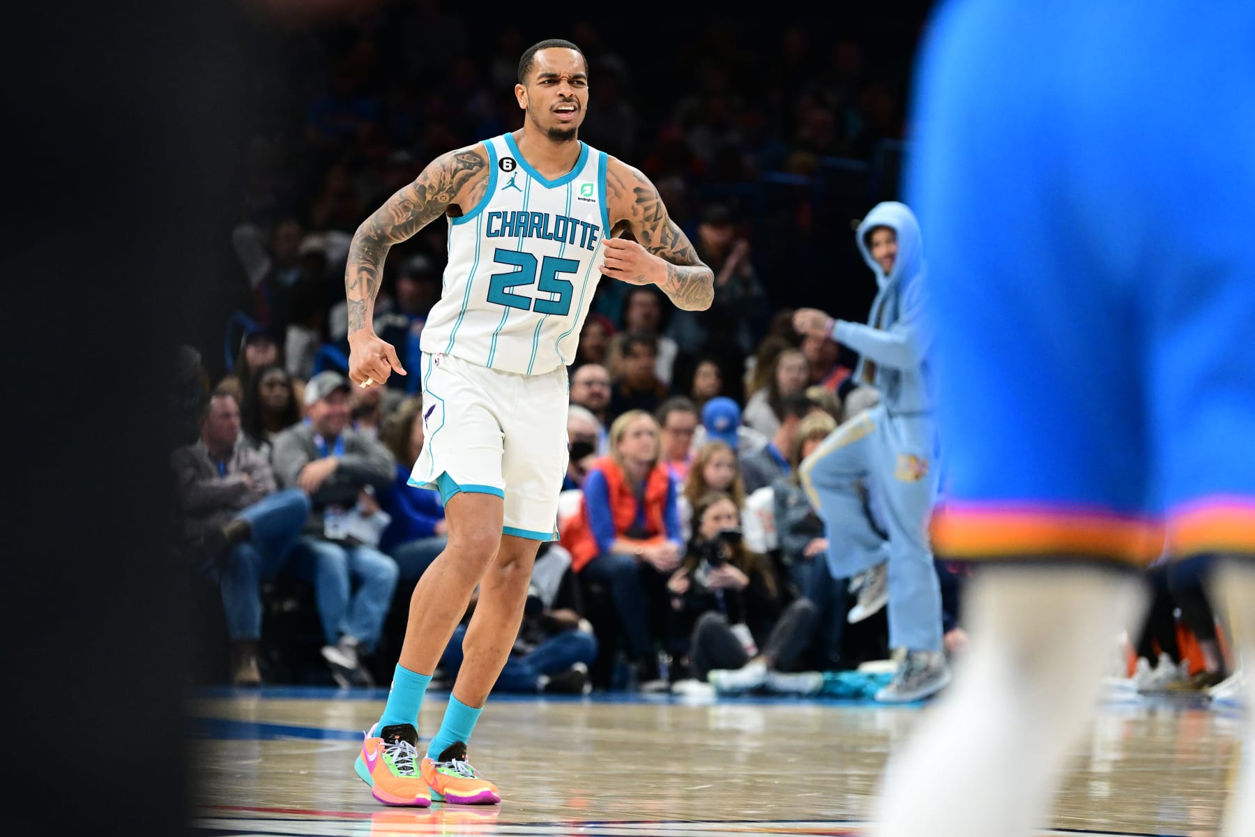 OKLAHOMA CITY, OK - MARCH 28: P.J. Washington of the Charlotte Hornets celebrates against the Oklahoma City Thunder at Paycom Center on March 28, 2023 in Oklahoma City, Oklahoma. NOTE TO USER: User expressly acknowledges and agrees that, by downloading and or using this photograph, User is consenting to the terms and conditions of the Getty Images License Agreement. (Photo by Joshua Gateley/Getty Images) OKLAHOMA CITY, OK - MARCH 28: P.J. Washington of the Charlotte Hornets celebrates against the Oklahoma City Thunder at Paycom Center on March 28, 2023 in Oklahoma City, Oklahoma. NOTE TO USER: User expressly acknowledges and agrees that, by downloading and or using this photograph, User is consenting to the terms and conditions of the Getty Images License Agreement. (Photo by Joshua Gateley/Getty Images)