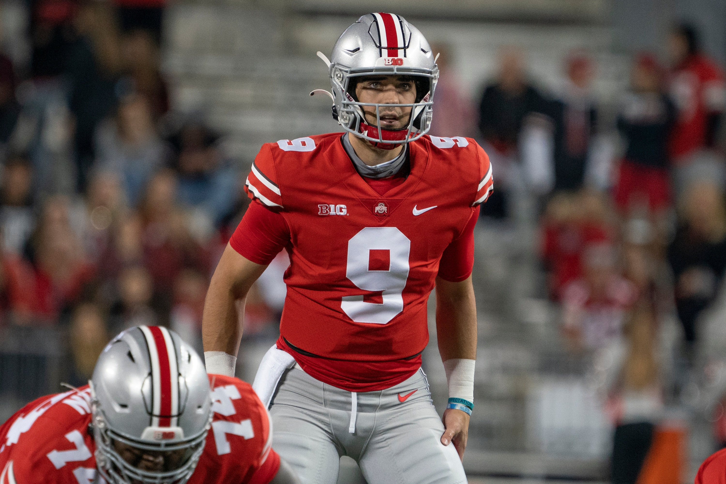 COLUMBUS, OH - SEPTEMBER 25: Ohio State Buckeyes quarterback Jack Miller III #9 looks on during the game between the Ohio State Buckeyes and the Akron Zips at Ohio Stadium in Columbus, Ohio on September 25, 2021. (Photo by Jason Mowry/Icon Sportswire via Getty Images)