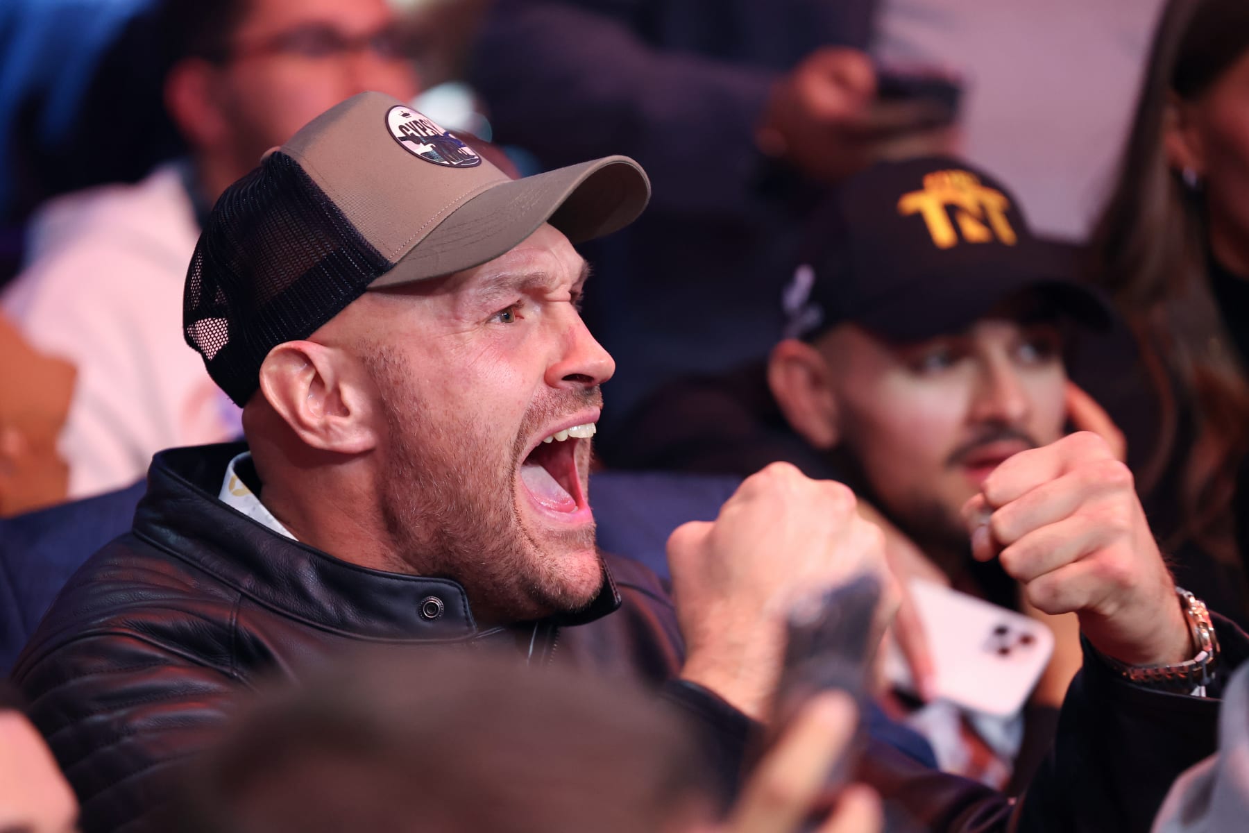 MANCHESTER, ENGLAND - OCTOBER 14: Tyson Fury reacts during the Misfits Cruiserweight fight between KSI (Olajide Olayinka Williams) and Tommy Fury at AO Arena on October 14, 2023 in Manchester, England. (Photo by Matt McNulty/Getty Images)