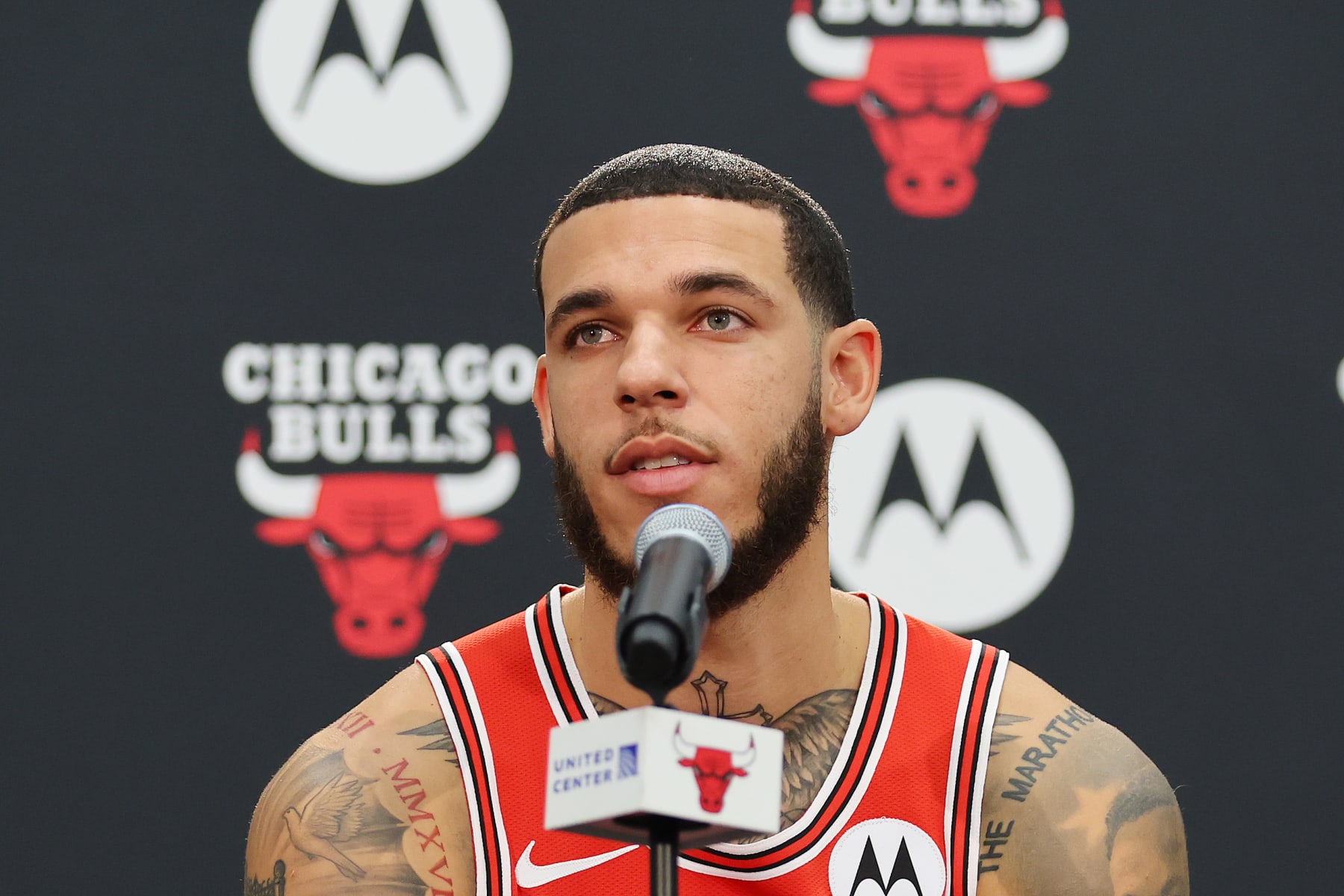 CHICAGO, ILLINOIS - OCTOBER 02: Lonzo Ball #2 of the Chicago Bulls answers questions from reporters during Media Day at Advocate Center on October 02, 2023 in Chicago, Illinois. (Photo by Michael Reaves/Getty Images)