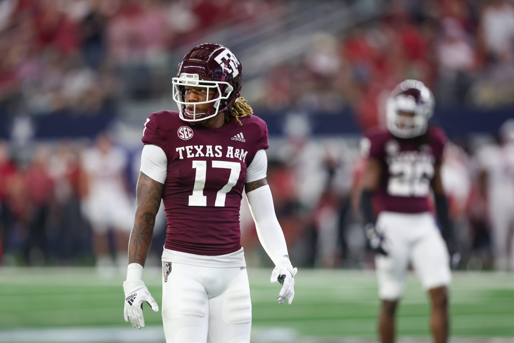 ARLINGTON, TX - SEPTEMBER 24: Texas A&M Aggies defensive back Jaylon Jones (17) checks with the sideline during the Southwest Classic game between Arkansas and Texas A&M on September 24, 2022 at AT&T Stadium in Arlington, TX. (Photo by George Walker/Icon Sportswire via Getty Images)