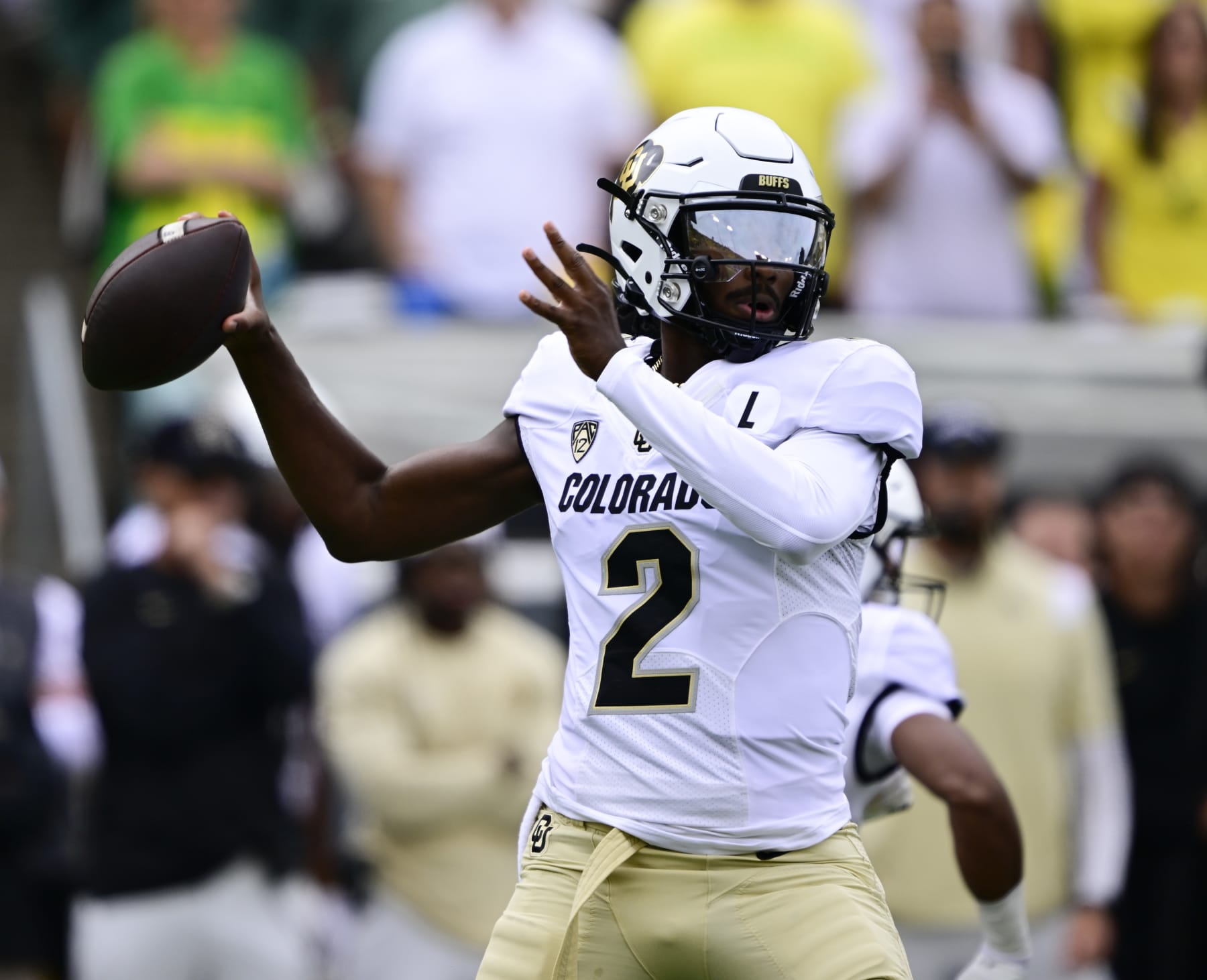 EUGENE, OR - SEPTEMBER 23: Colorado Buffaloes quarterback Shedeur Sanders (2) in the first quarter at Autzen Stadium against the Oregon Ducks September 23, 2023. (Photo by Andy Cross/MediaNews Group/The Denver Post via Getty Images)