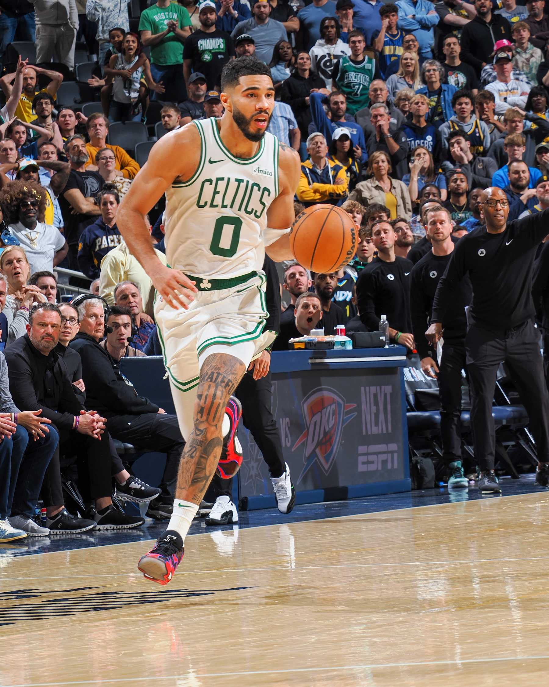 INDIANAPOLIS, IN - OCTOBER 30: Jayson Tatum #0 of the Boston Celtics dribbles the ball during the game on October 30, 2024 at Gainbridge Fieldhouse in Indianapolis, Indiana. NOTE TO USER: User expressly acknowledges and agrees that, by downloading and or using this Photograph, user is consenting to the terms and conditions of the Getty Images License Agreement. Mandatory Copyright Notice: Copyright 2024 NBAE (Photo by Ron Hoskins/NBAE via Getty Images)