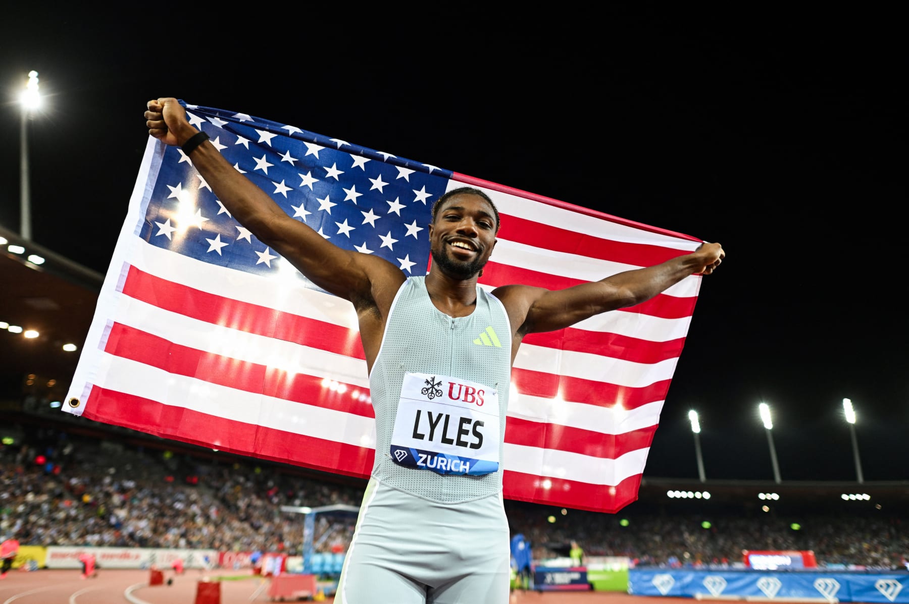 US' Noah Lyles celebrates after winning in the men's 200m final during the Diamond League athletics meeting at Stadion Letzigrund stadium in Zurich on August 31, 2023. (Photo by Fabrice COFFRINI / AFP) (Photo by FABRICE COFFRINI/AFP via Getty Images)