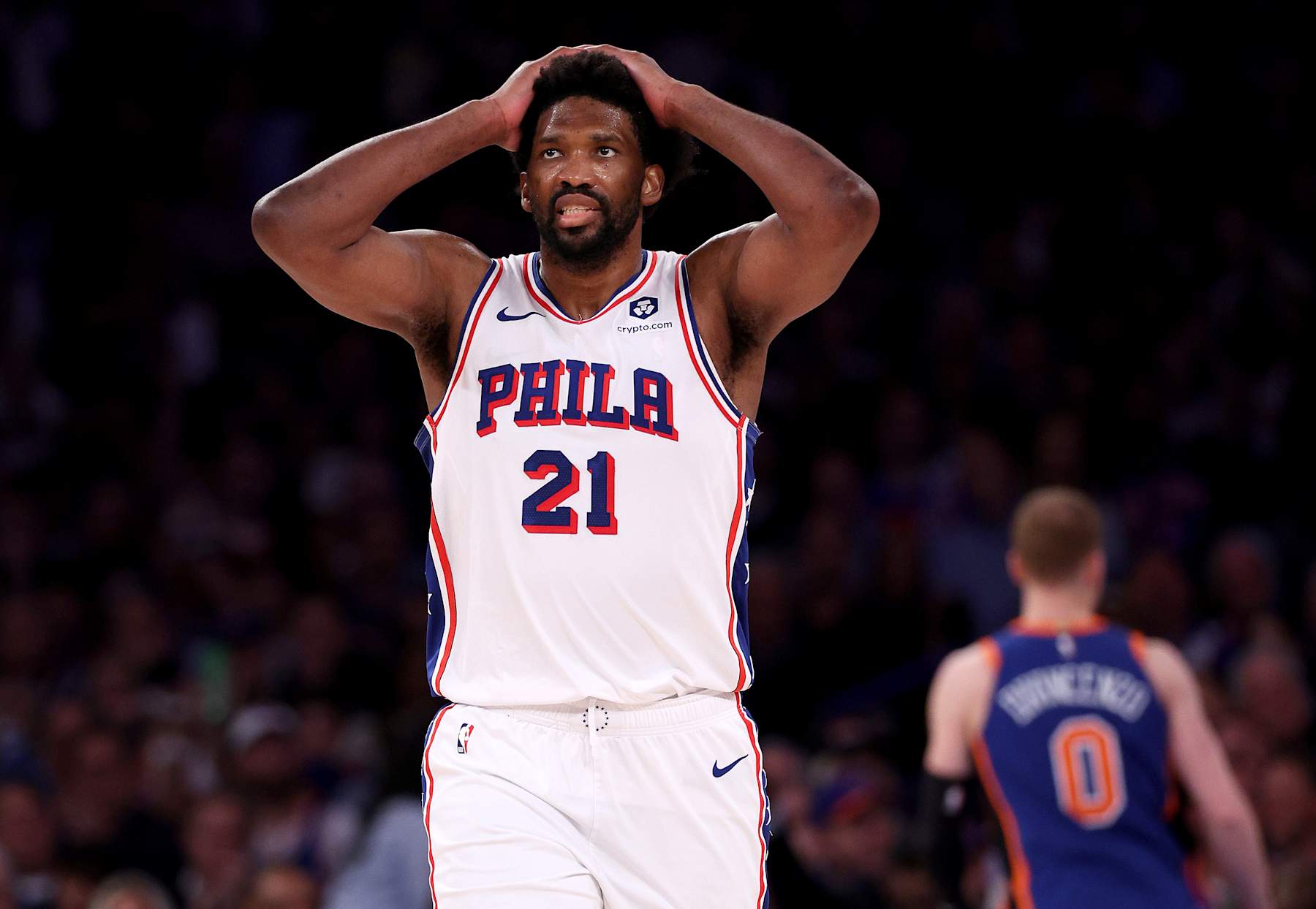 NEW YORK, NEW YORK - APRIL 30: Joel Embiid #21 of the Philadelphia 76ers reacts after he turned the ball over to the New York Knicks during the second half at Madison Square Garden on April 30, 2024 in New York City. The Philadelphia 76ers defeated the New York Knicks 112-106 in overtime. NOTE TO USER: User expressly acknowledges and agrees that, by downloading and or using this photograph, User is consenting to the terms and conditions of the Getty Images License Agreement. (Photo by Elsa/Getty Images)