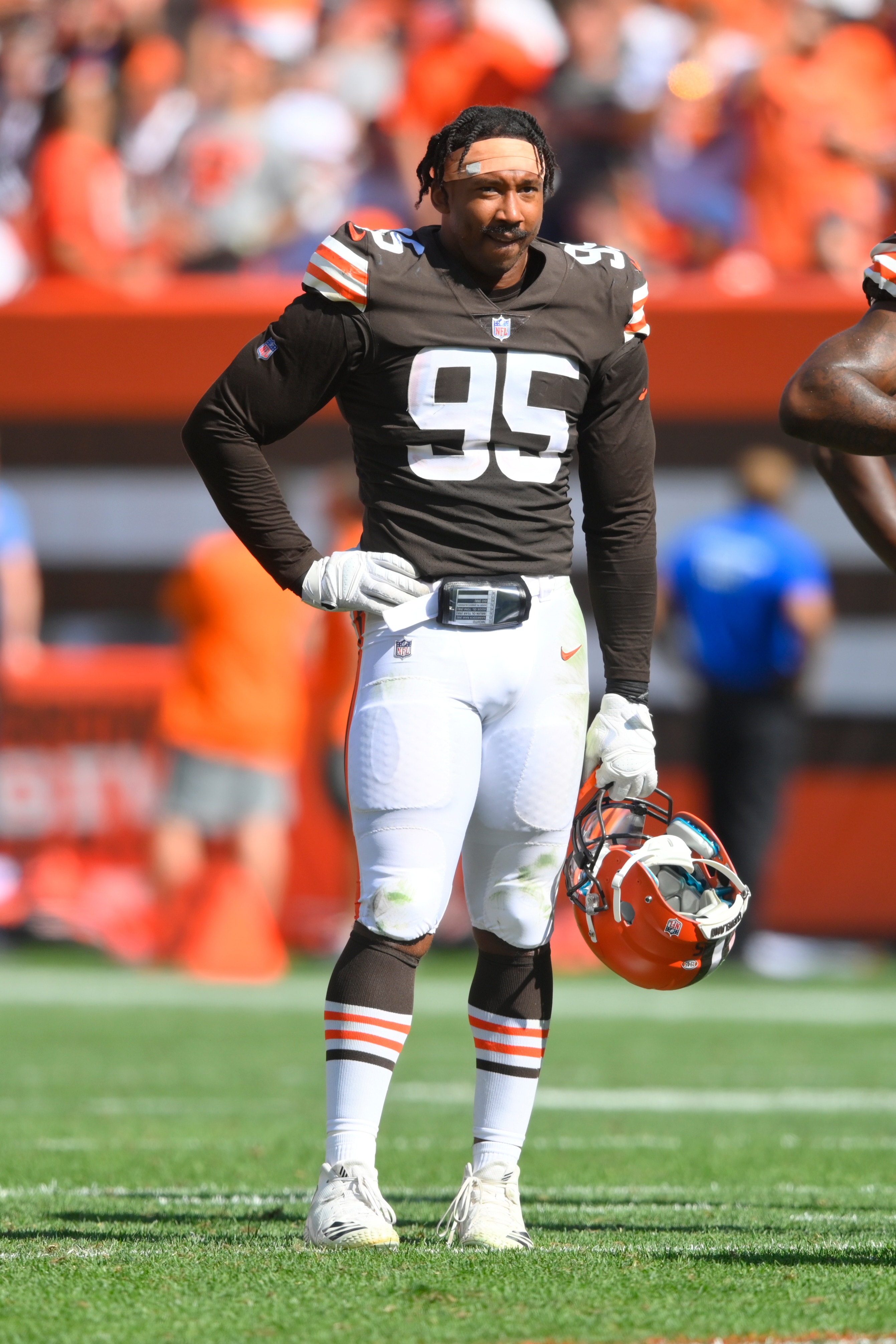 Cleveland Browns defensive end Myles Garrett (95) stands on the field during an NFL football game against the Houston Texans, Sunday, Sept. 19, 2021, in Cleveland. The Browns won 31-21. (AP Photo/David Richard)