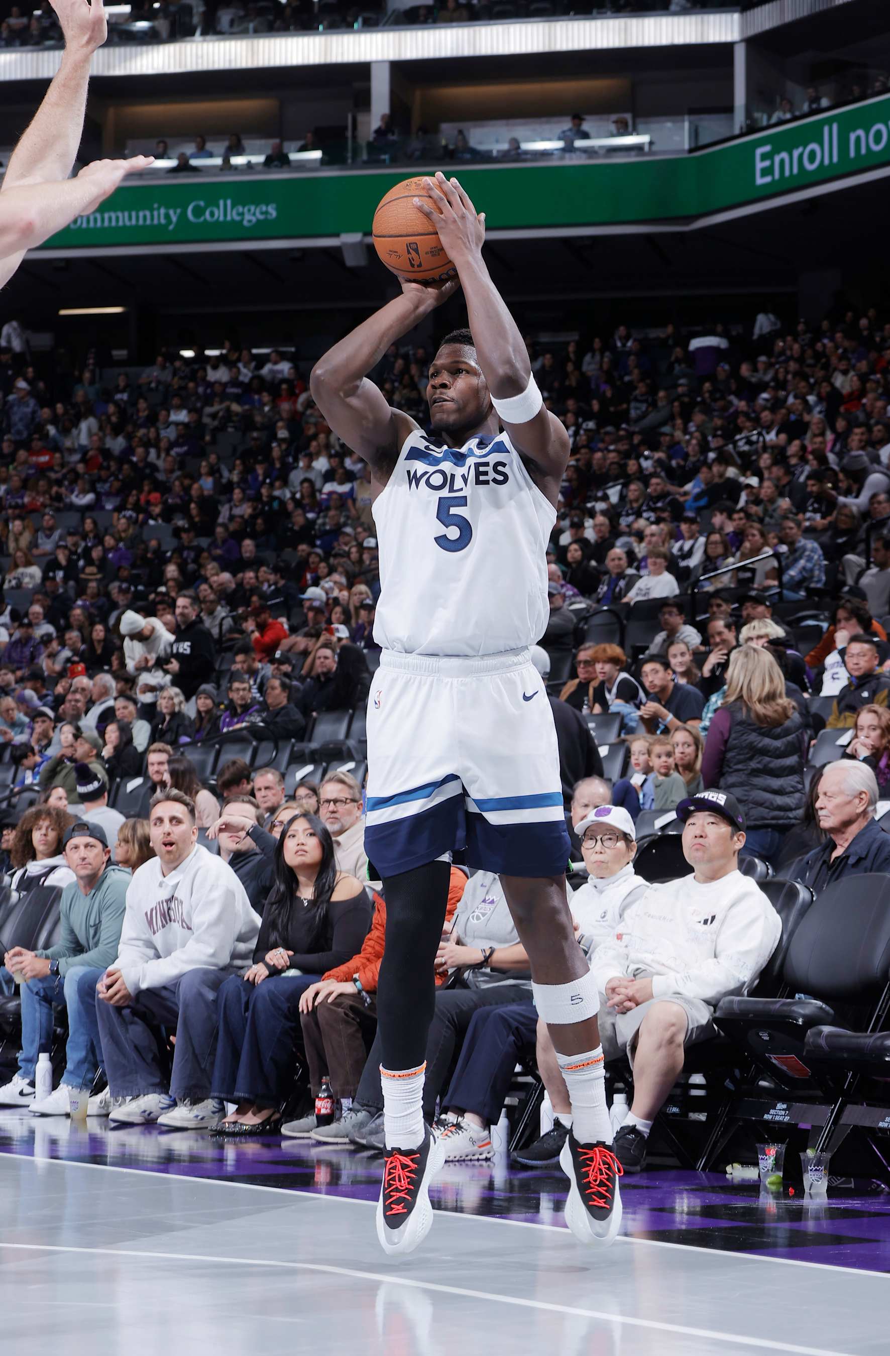 SACRAMENTO, CA - NOVEMBER 15: Anthony Edwards #5 of the Minnesota Timberwolves shoots a three pointer during the game against the Sacramento Kings during the Emirates NBA Cup game on November 15, 2024 at Golden 1 Center in Sacramento, California. NOTE TO USER: User expressly acknowledges and agrees that, by downloading and or using this photograph, User is consenting to the terms and conditions of the Getty Images Agreement. Mandatory Copyright Notice: Copyright 2024 NBAE (Photo by Rocky Widner/NBAE via Getty Images)