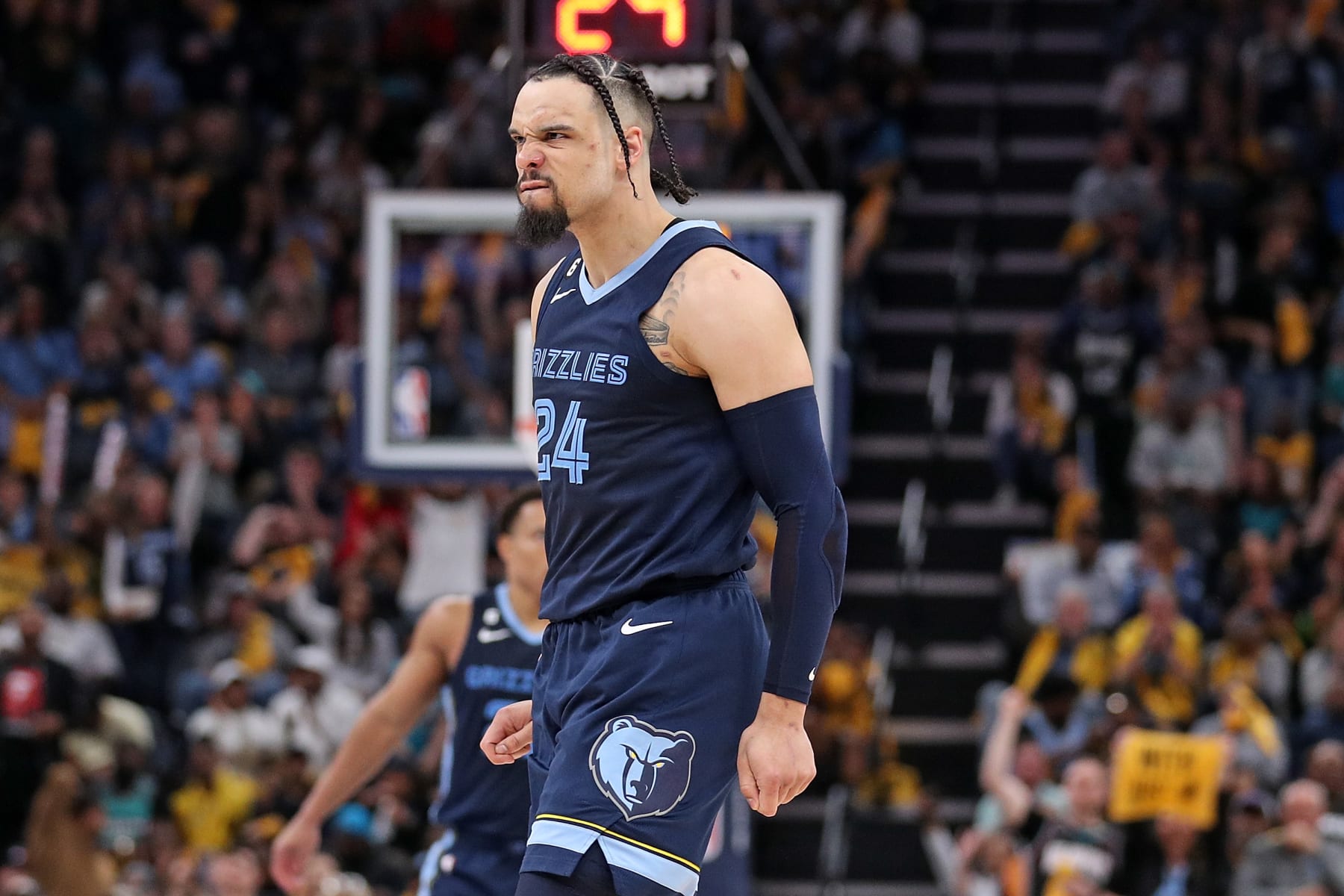 MEMPHIS, TENNESSEE - APRIL 16: Dillon Brooks #24 of the Memphis Grizzlies reacts during the game against the Los Angeles Lakers during Game One of the Western Conference First Round Playoffs at FedExForum on April 16, 2023 in Memphis, Tennessee. NOTE TO USER: User expressly acknowledges and agrees that, by downloading and or using this photograph, User is consenting to the terms and conditions of the Getty Images License Agreement.  (Photo by Justin Ford/Getty Images)