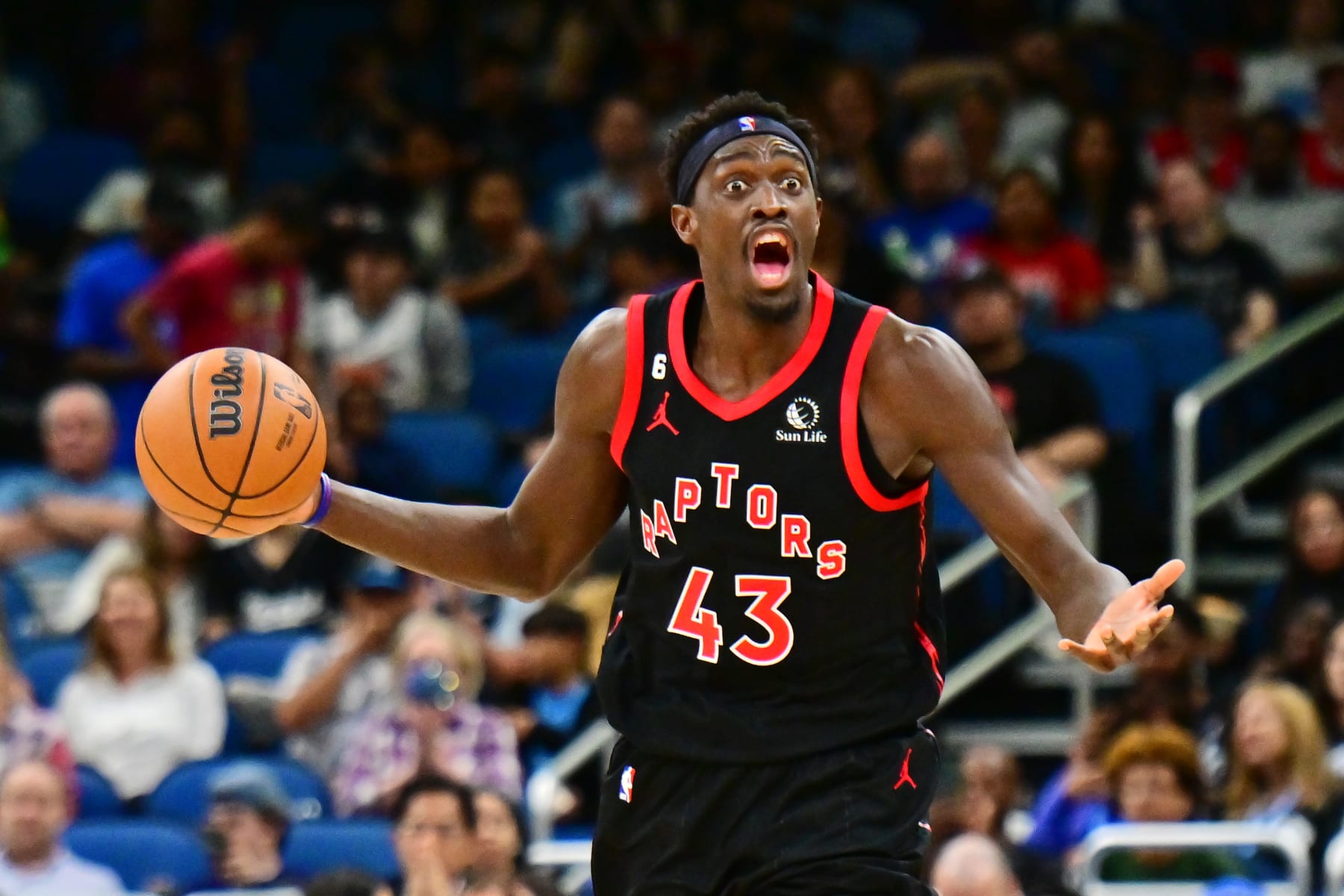 ORLANDO, FLORIDA - DECEMBER 09: Pascal Siakam #43 of the Toronto Raptors reacts during the first half of a game against the Orlando Magic at Amway Center on December 09, 2022 in Orlando, Florida. NOTE TO USER: User expressly acknowledges and agrees that, by downloading and or using this photograph, User is consenting to the terms and conditions of the Getty Images License Agreement. (Photo by Julio Aguilar/Getty Images)