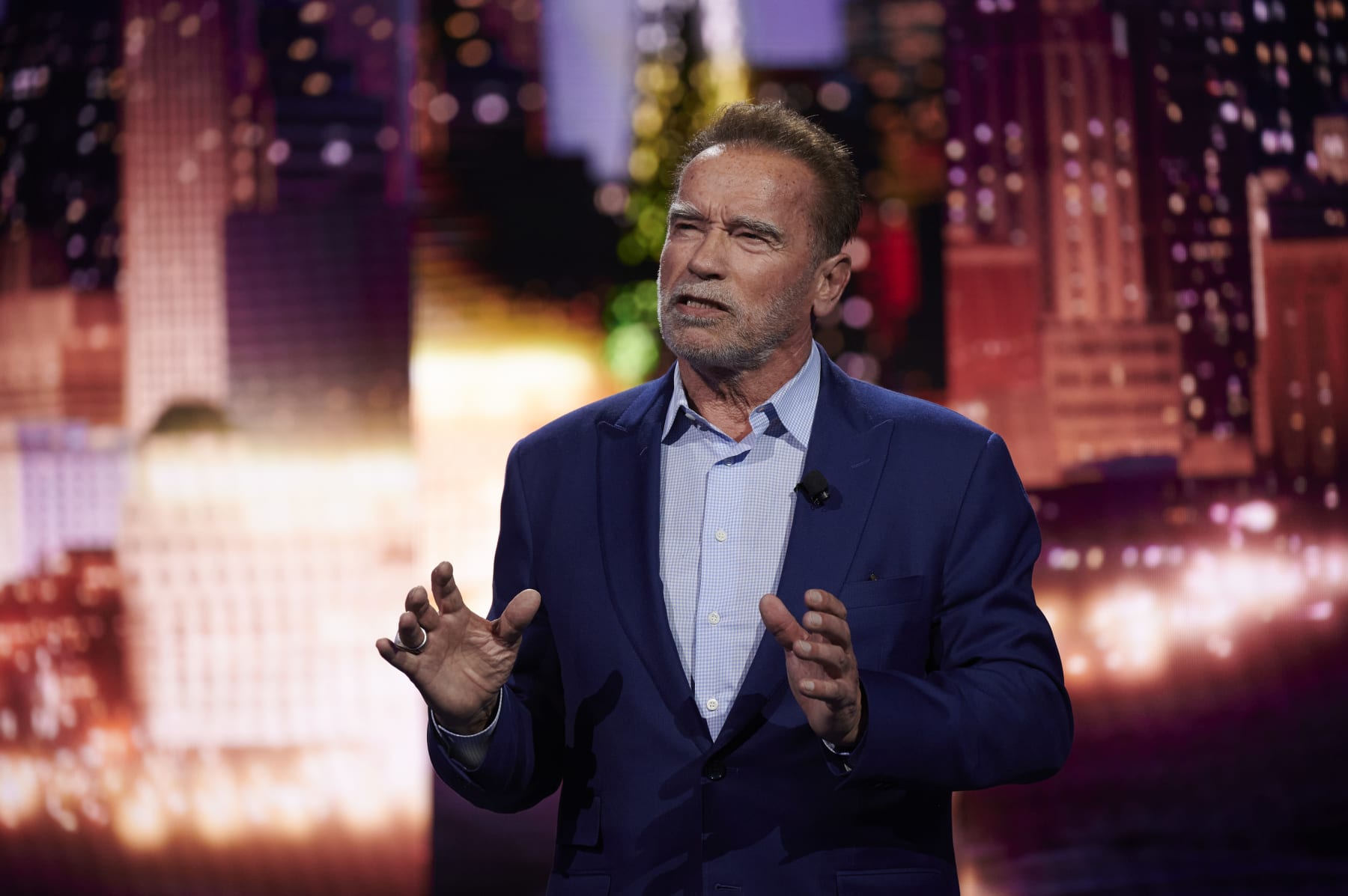 Actor Arnold Schwarzenegger speaks during a press event at the 2023 CES event in Las Vegas, Nevada, US, on Wednesday, Jan. 4, 2023. For the first time, CES has a theme: how technology is addressing the world's biggest challenges. Photographer: Bridget Bennett/Bloomberg via Getty Images