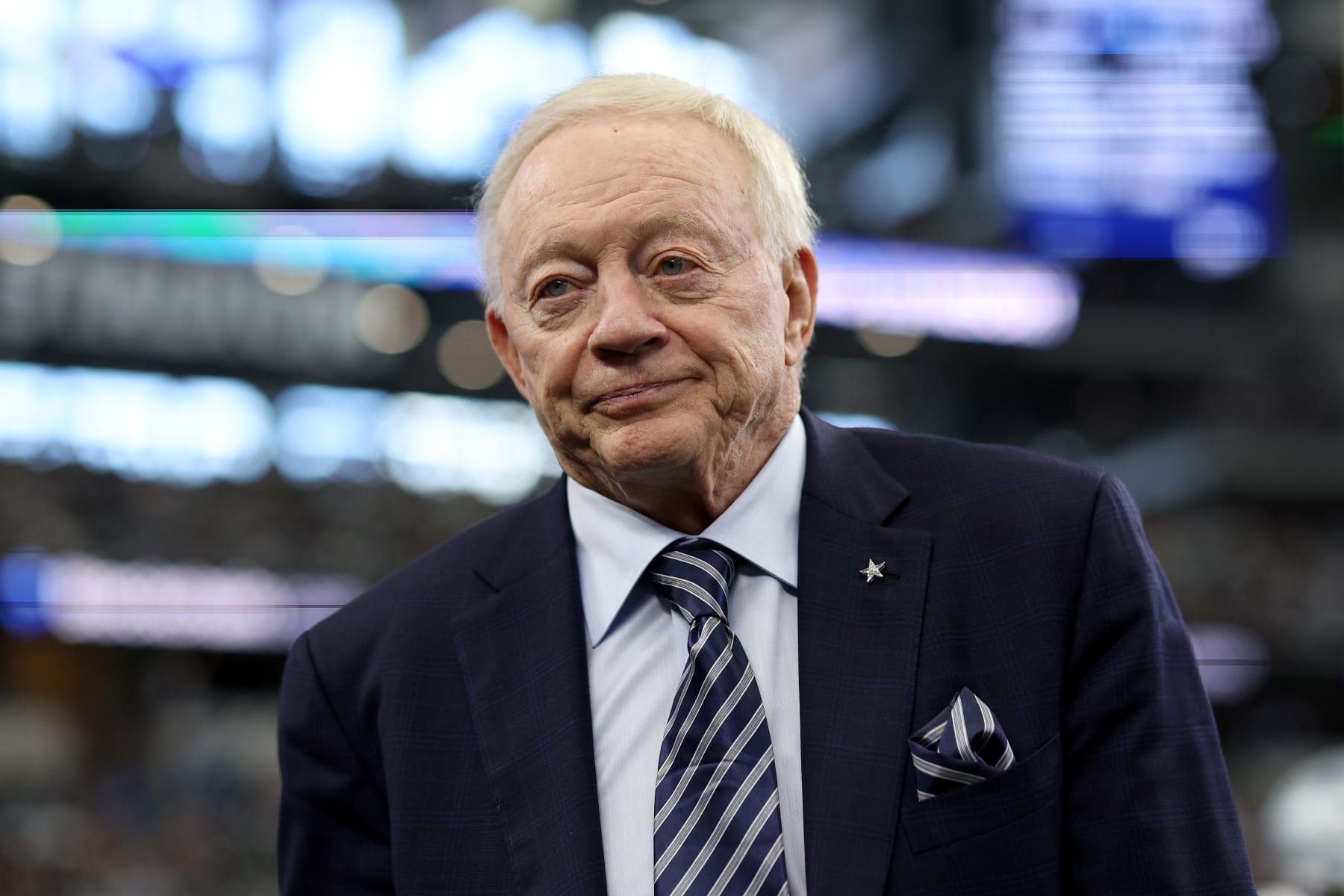 ARLINGTON, TEXAS - OCTOBER 23: Dallas Cowboys owner Jerry Jones interacts with fans during warmups before the Cowboys take on the Detroit Lions at AT&T Stadium on October 23, 2022 in Arlington, Texas. (Photo by Tom Pennington/Getty Images)