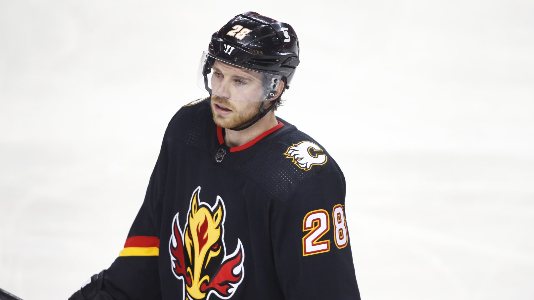 Calgary Flames player Elias Lindholm, from Sweden, during an NHL hockey game, Thursday, March 11, 2021, in Calgary, Canada. (AP Photo/Larry MacDougal)