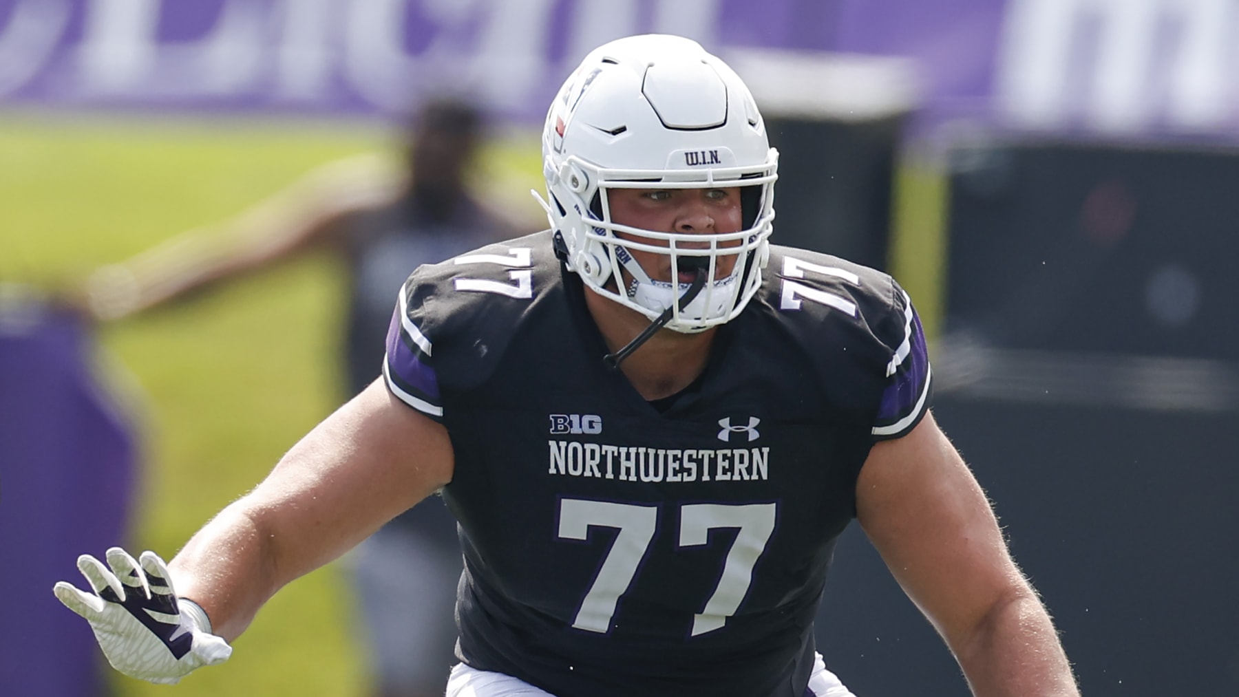Northwestern offensive lineman Peter Skoronski (77) in action against Duke during the first half of an NCAA football game on Saturday, Sept. 10, 2022, in Evanston, Ill. (AP Photo/Kamil Krzaczynski)