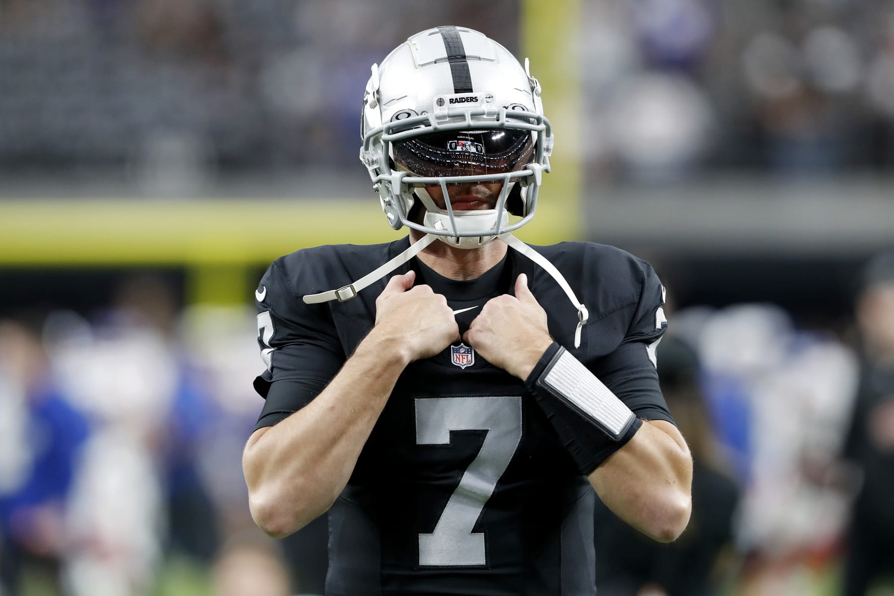 LAS VEGAS, NEVADA - NOVEMBER 05: Brian Hoyer #7 of the Las Vegas Raiders looks on before a game against the New York Giants at Allegiant Stadium on November 05, 2023 in Las Vegas, Nevada. (Photo by Steve Marcus/Getty Images)